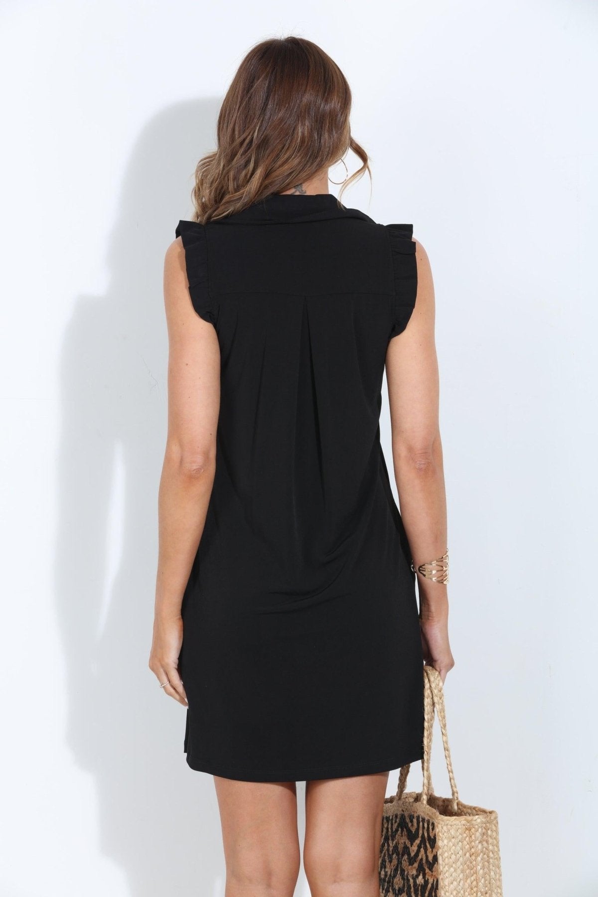 Black Stretch Collared Ruffle Dress-BEST SELLER