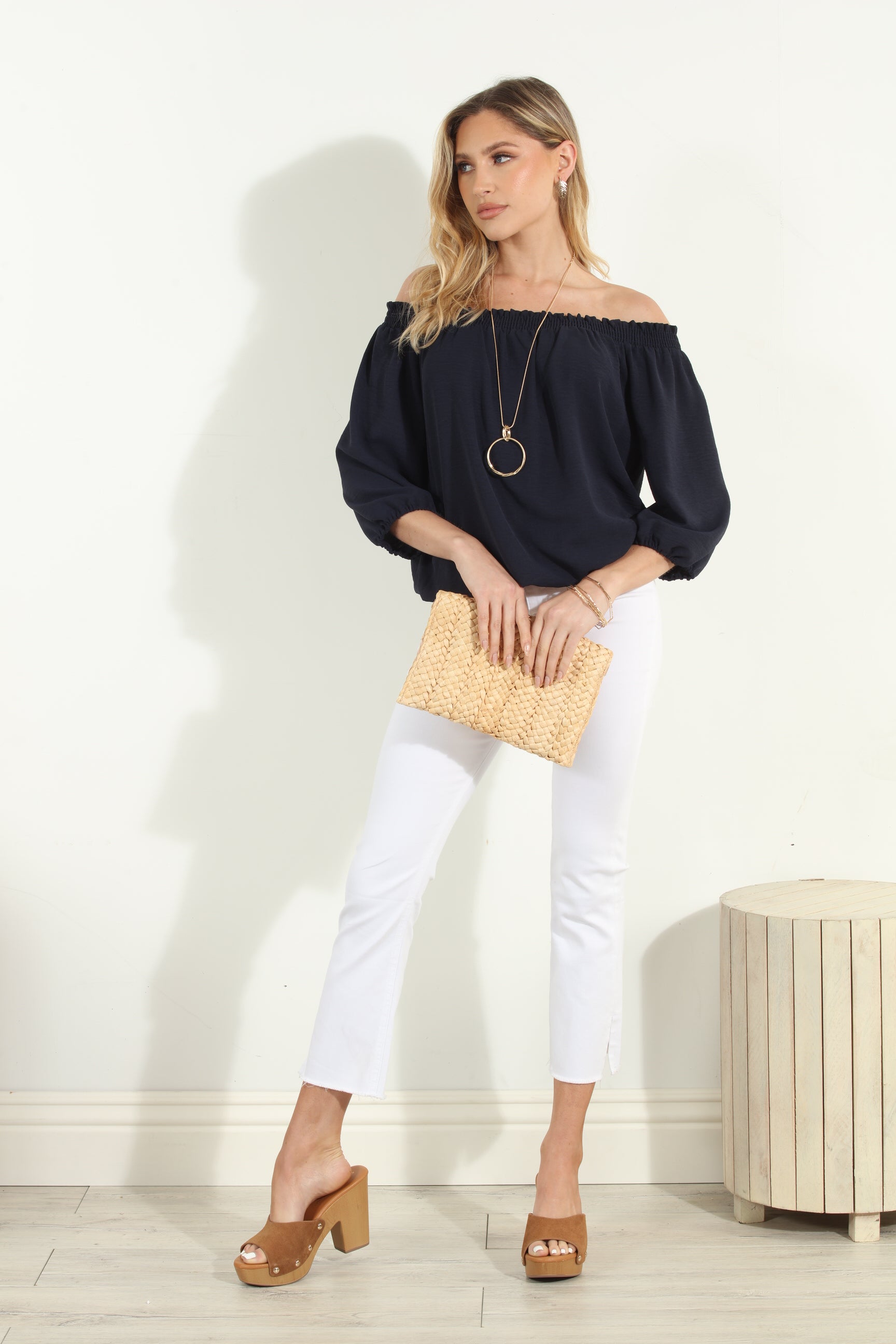 Navy Airflow Smocked OTS Top