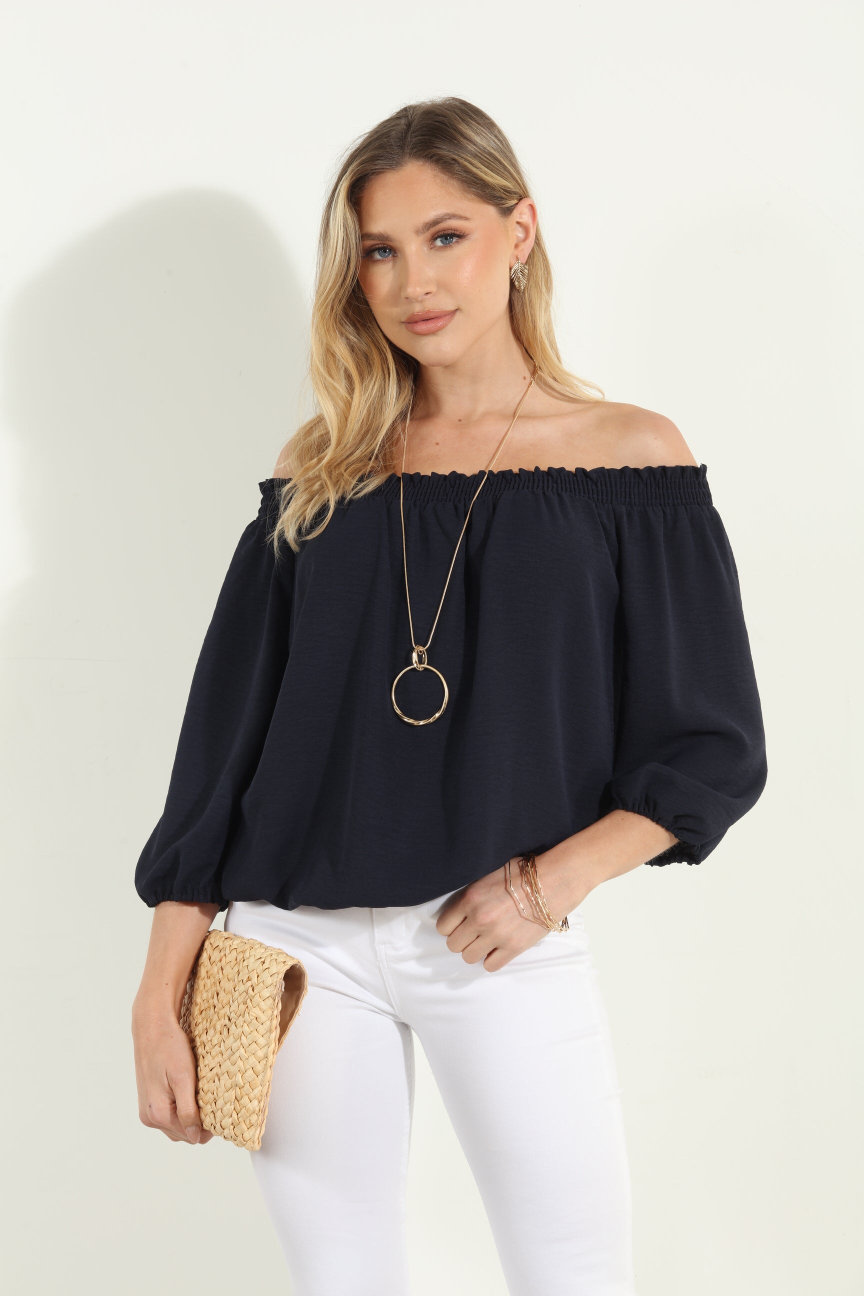 Navy Airflow Smocked OTS Top