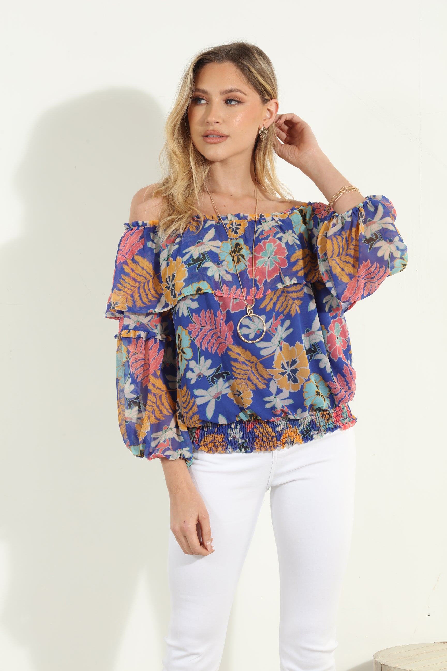 Brinley OTS Ruffle Smocked Top