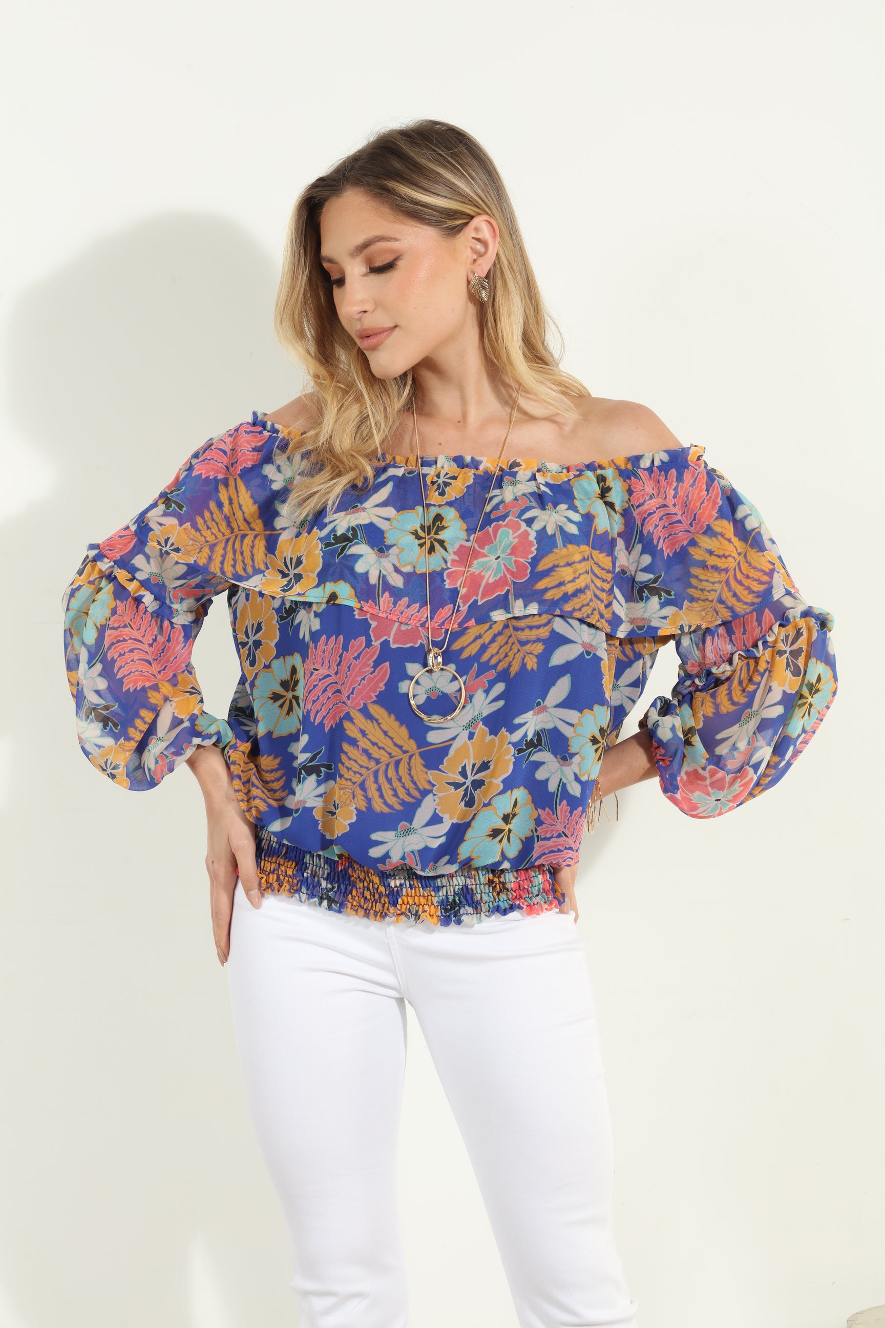 Brinley OTS Ruffle Smocked Top