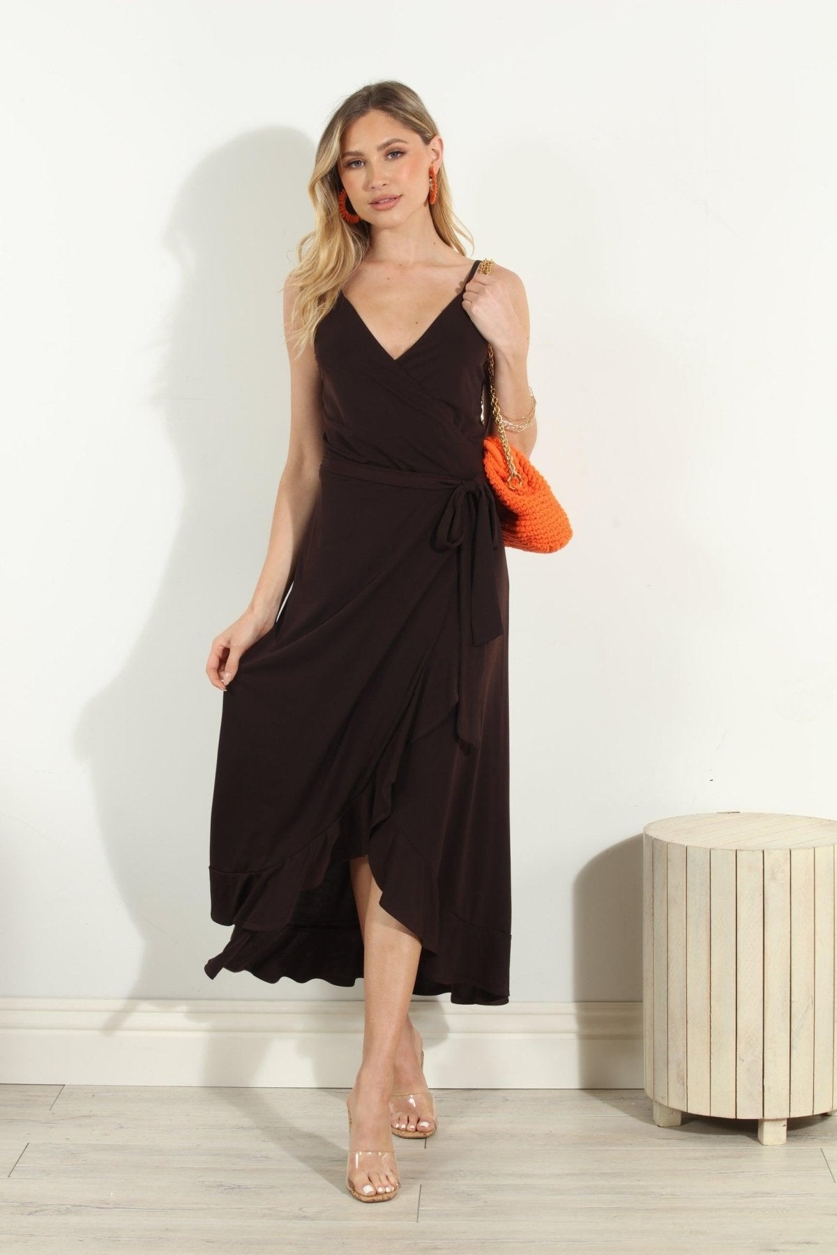 Chocolate Spaghetti Wrap Midi Dress-BEST SELLER