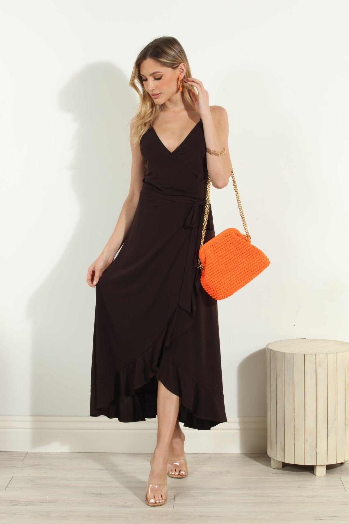 Chocolate Spaghetti Wrap Midi Dress-BEST SELLER