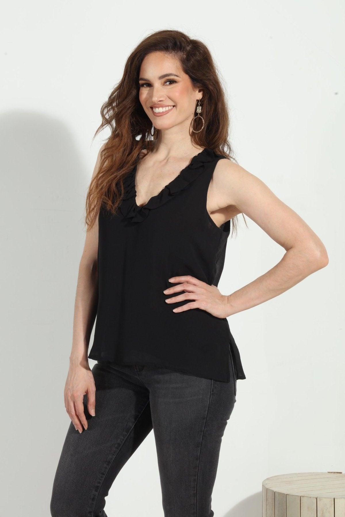 Black Chiffon Ruffle Tank