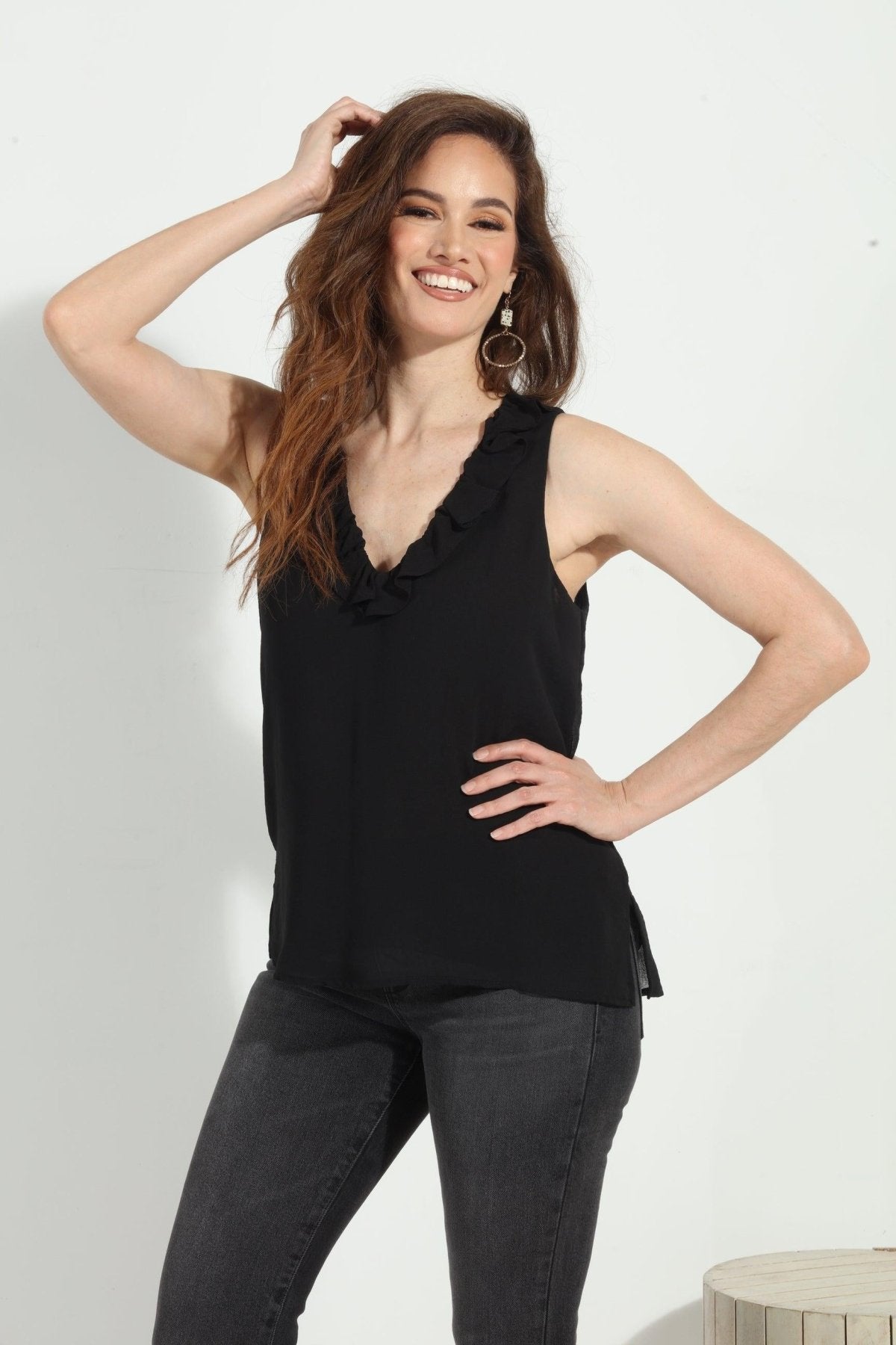 Black Chiffon Ruffle Tank