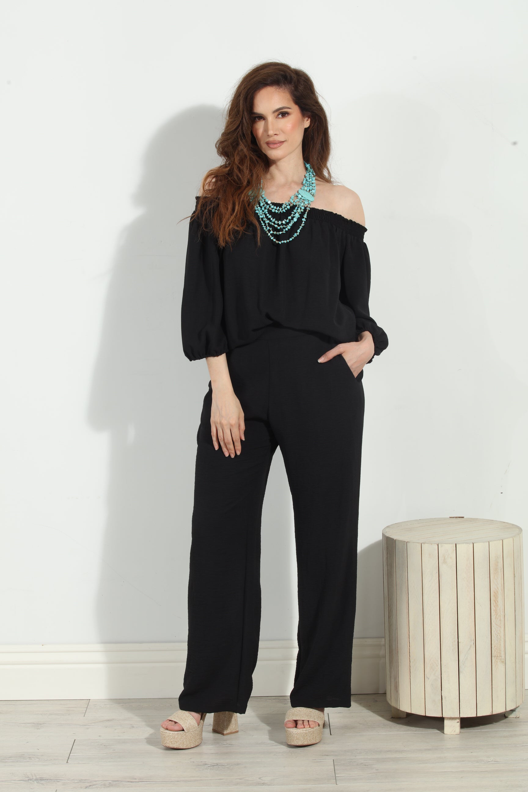 Black Airflow Smocked OTS Top