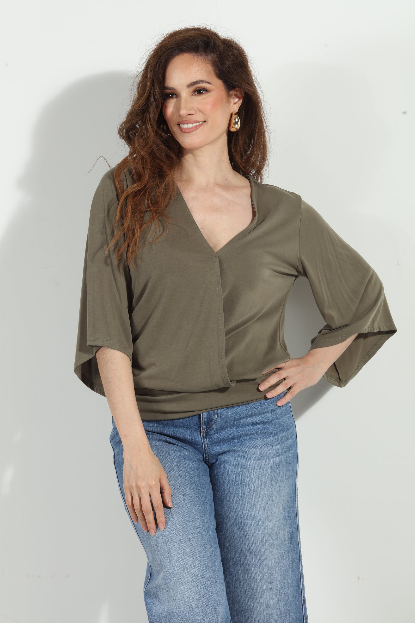 Olive Cupro Kimono Banded Top