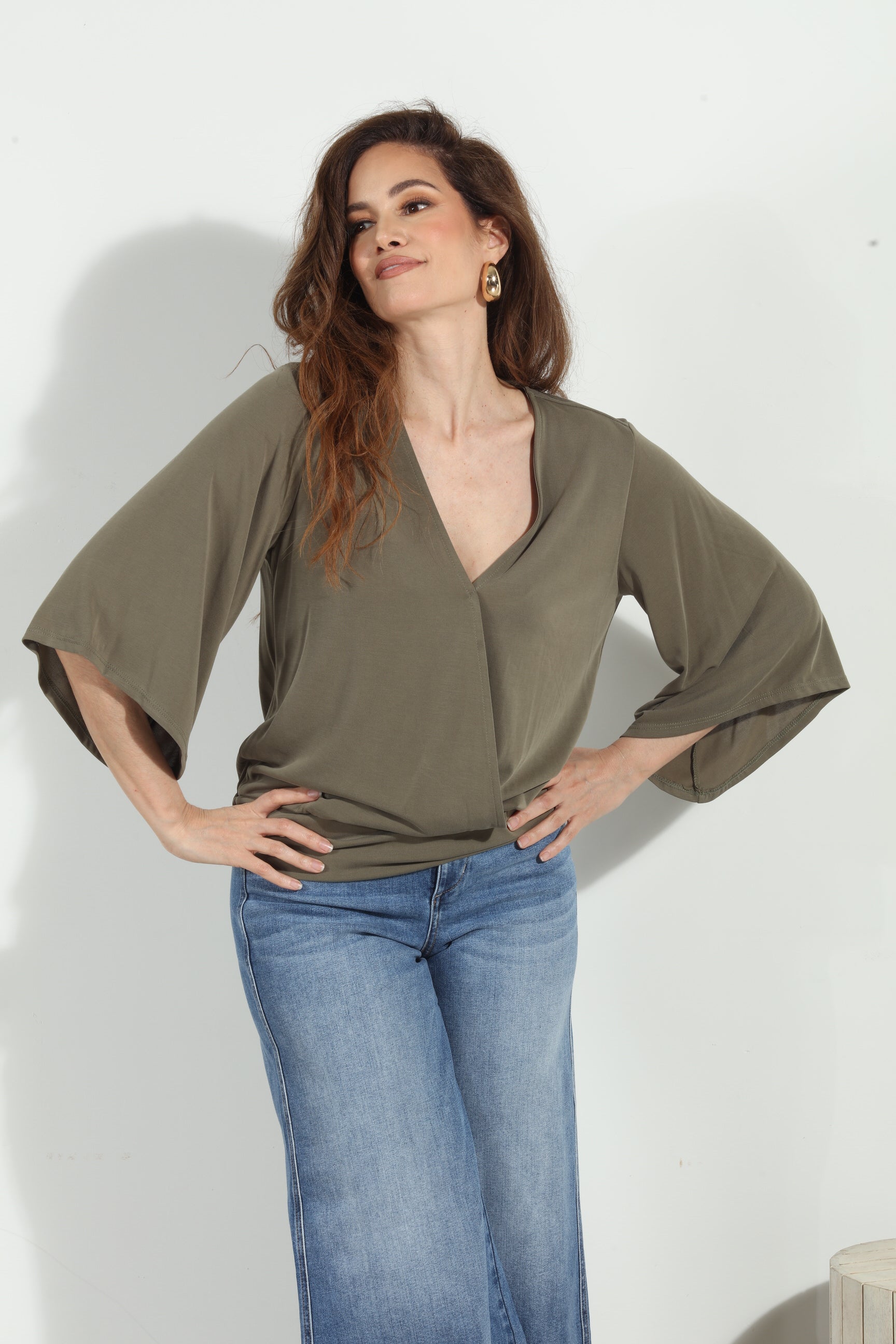 Olive Cupro Kimono Banded Top