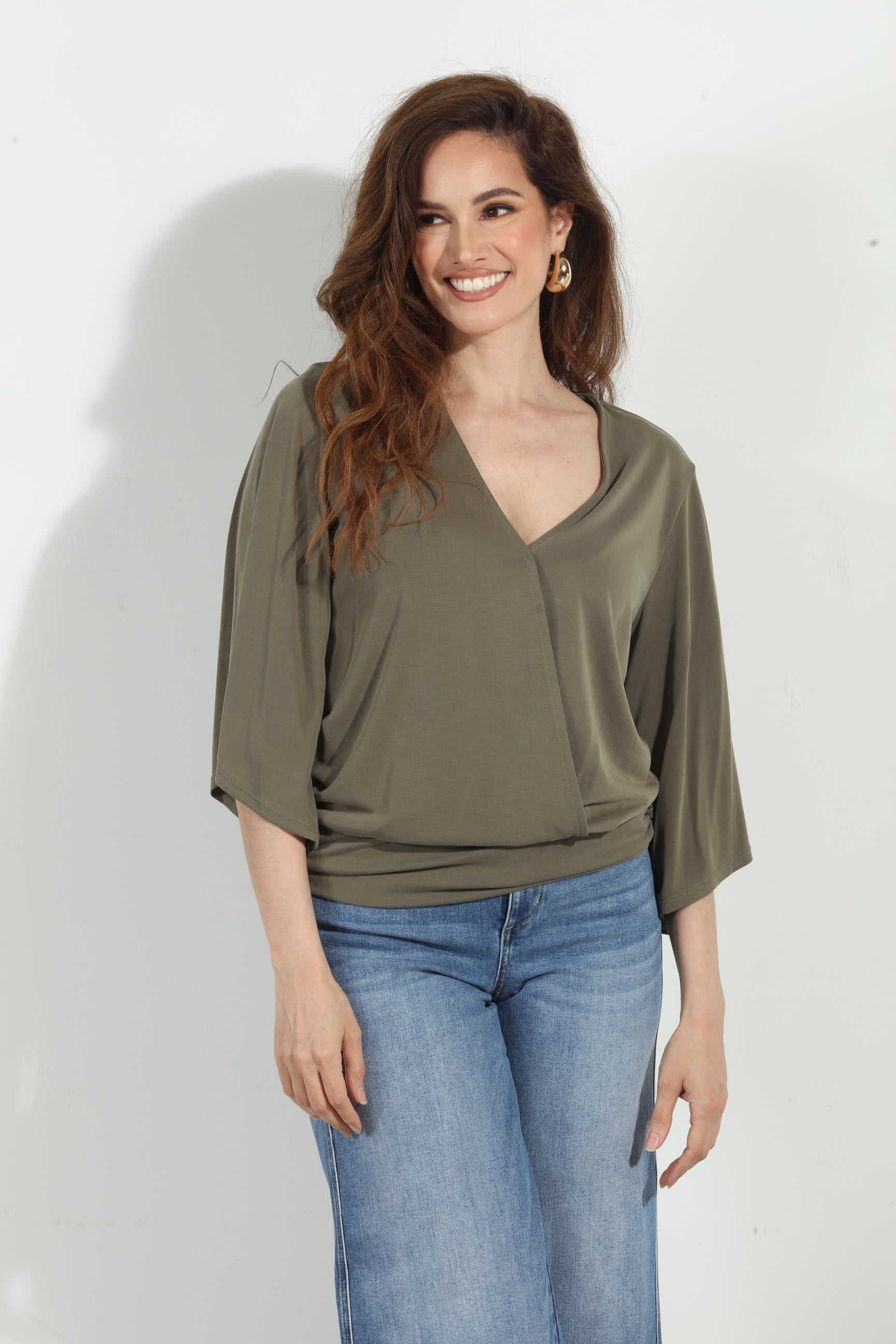 Olive Cupro Kimono Banded Top