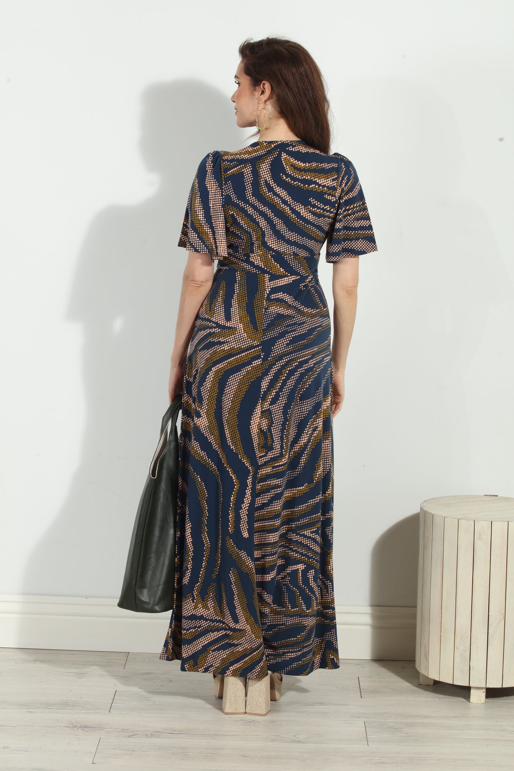 Zarda Stretch Deep V Flutter Sleeve Maxi Dress
