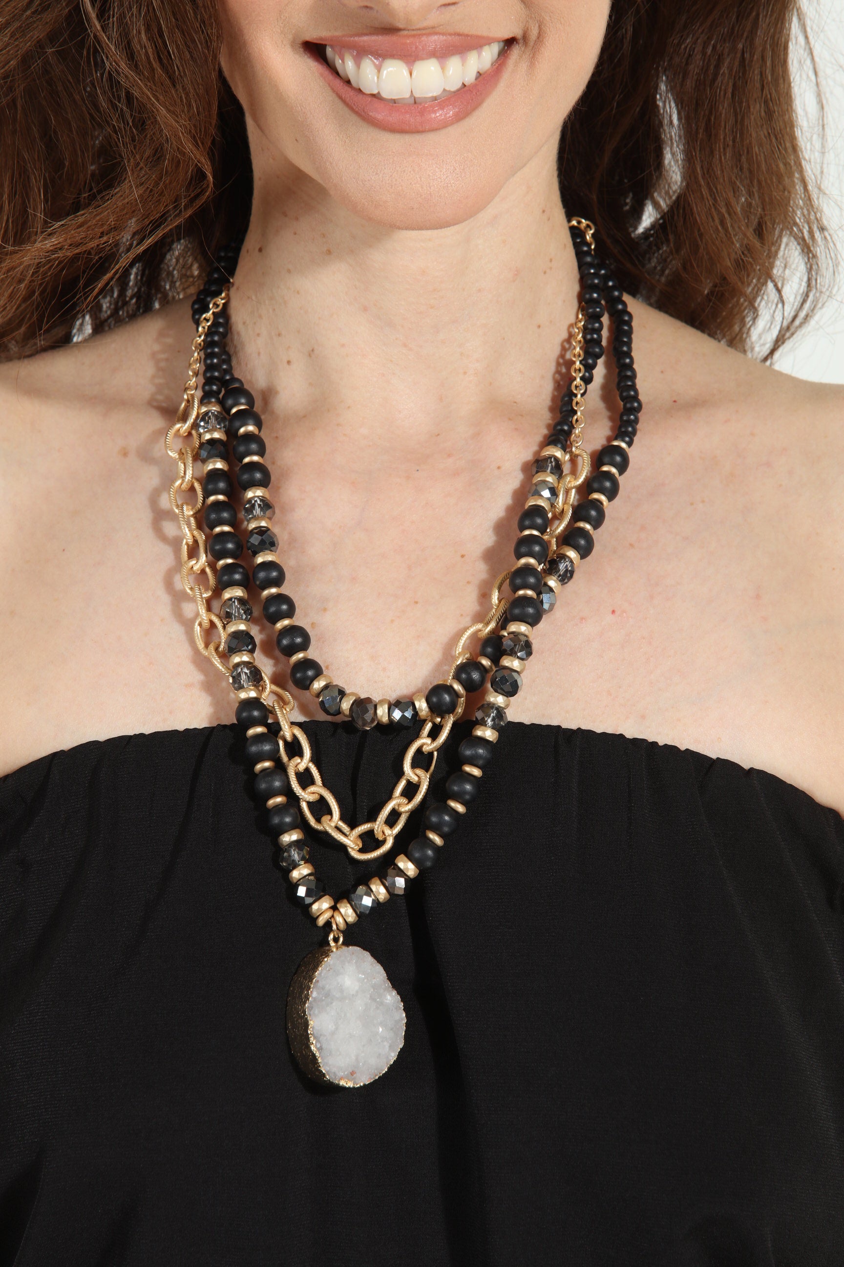 Black Beaded Multi-Layer Crystal Pendant Necklace