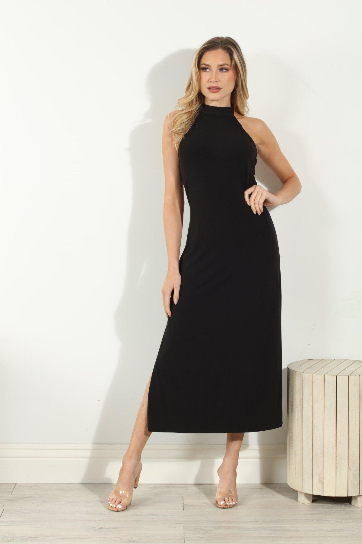 Black Halter Midi Stretch Dress