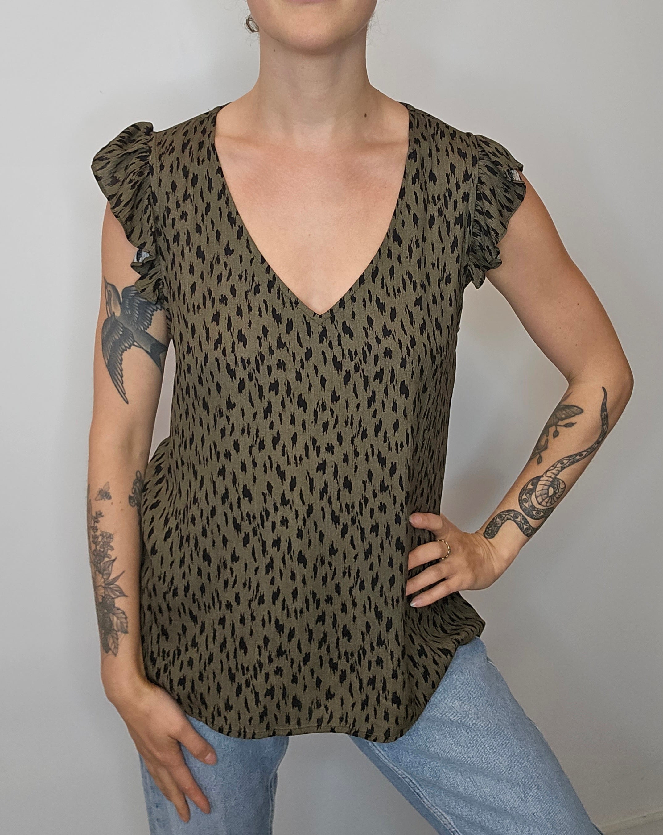Olive print v-neck rayon ruffle tee -FINAL SALE