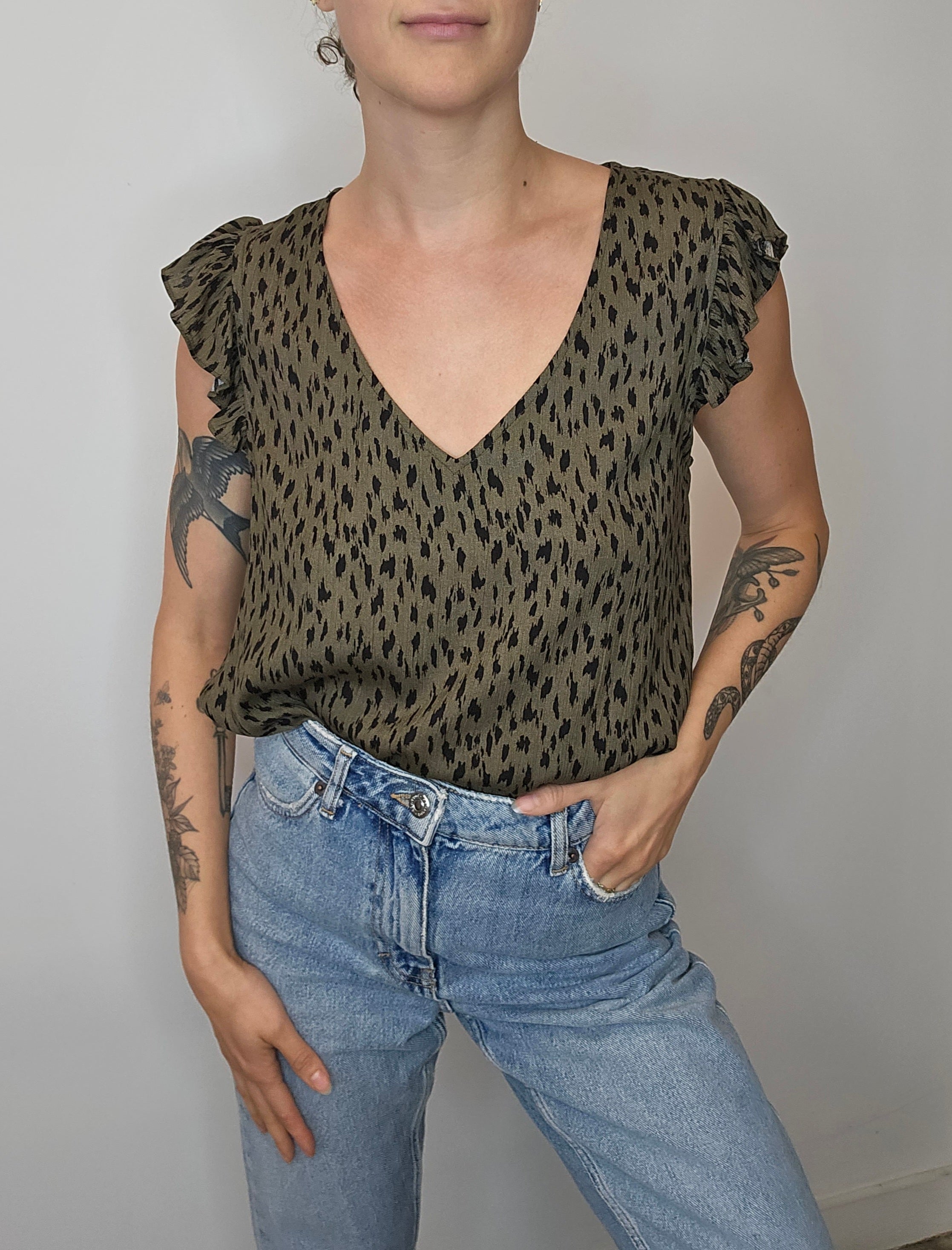 Olive print v-neck rayon ruffle tee -FINAL SALE