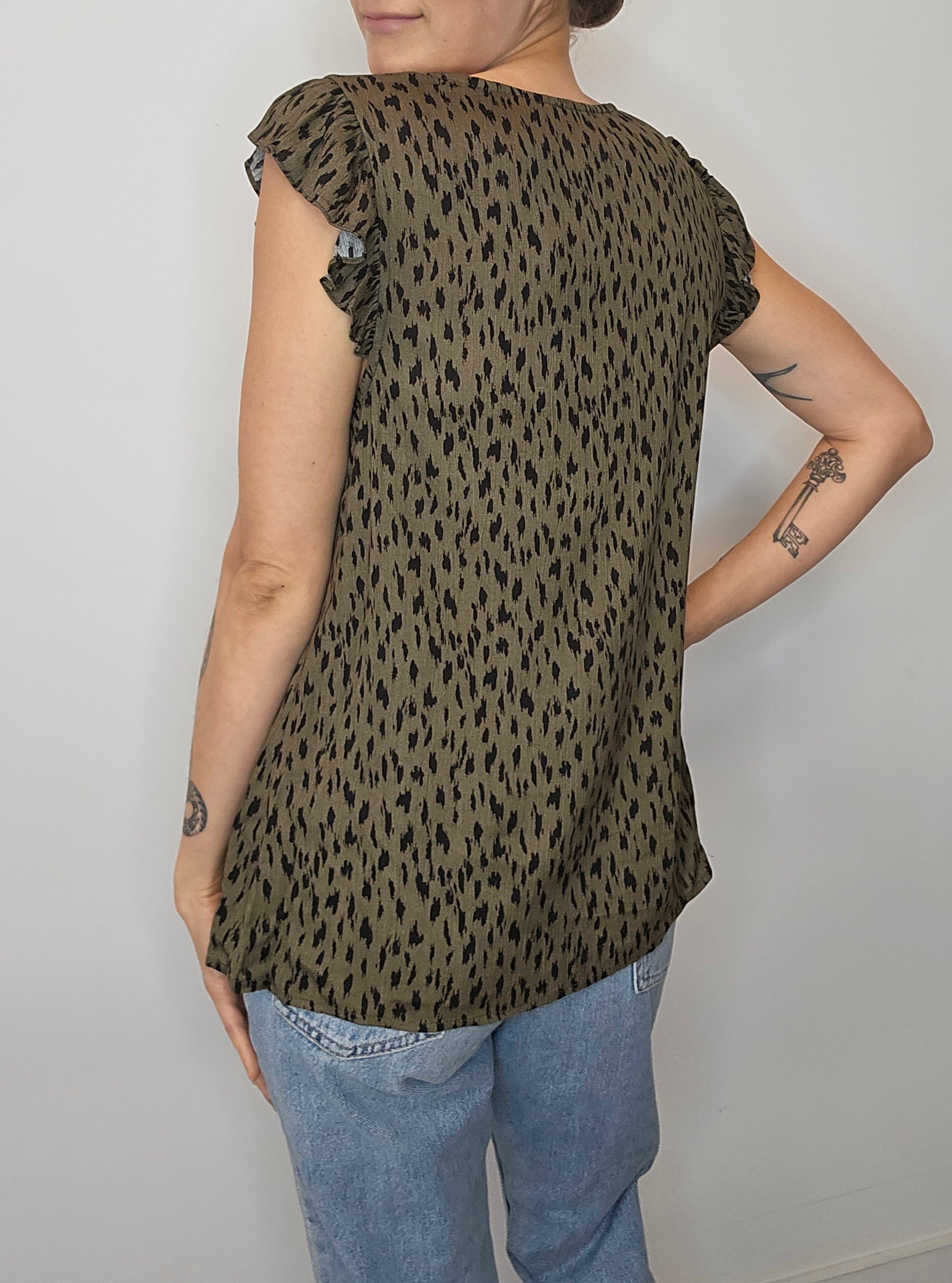 Olive print v-neck rayon ruffle tee -FINAL SALE
