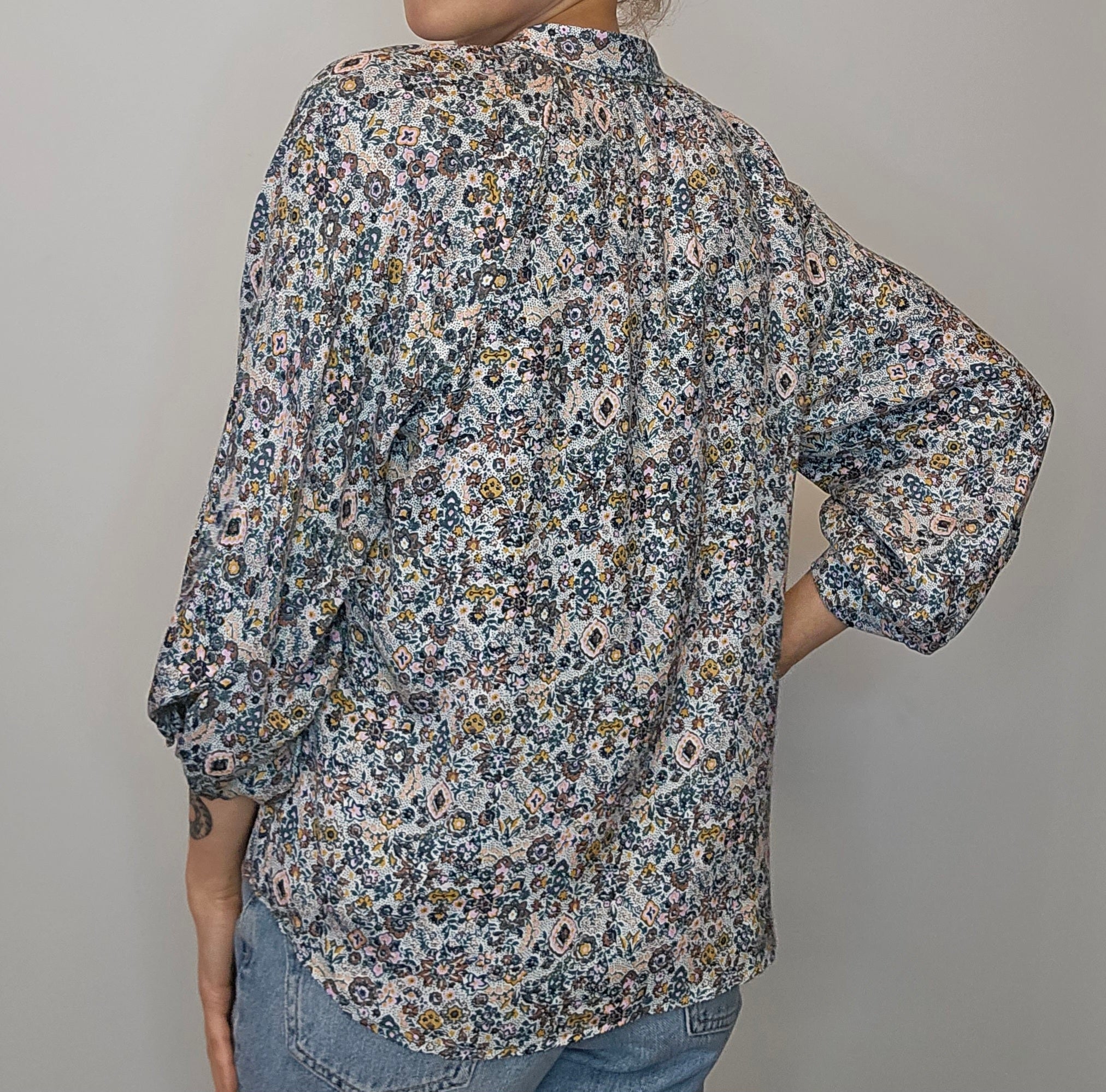 Blue daisy printed rayon blouse -FINAL SALE