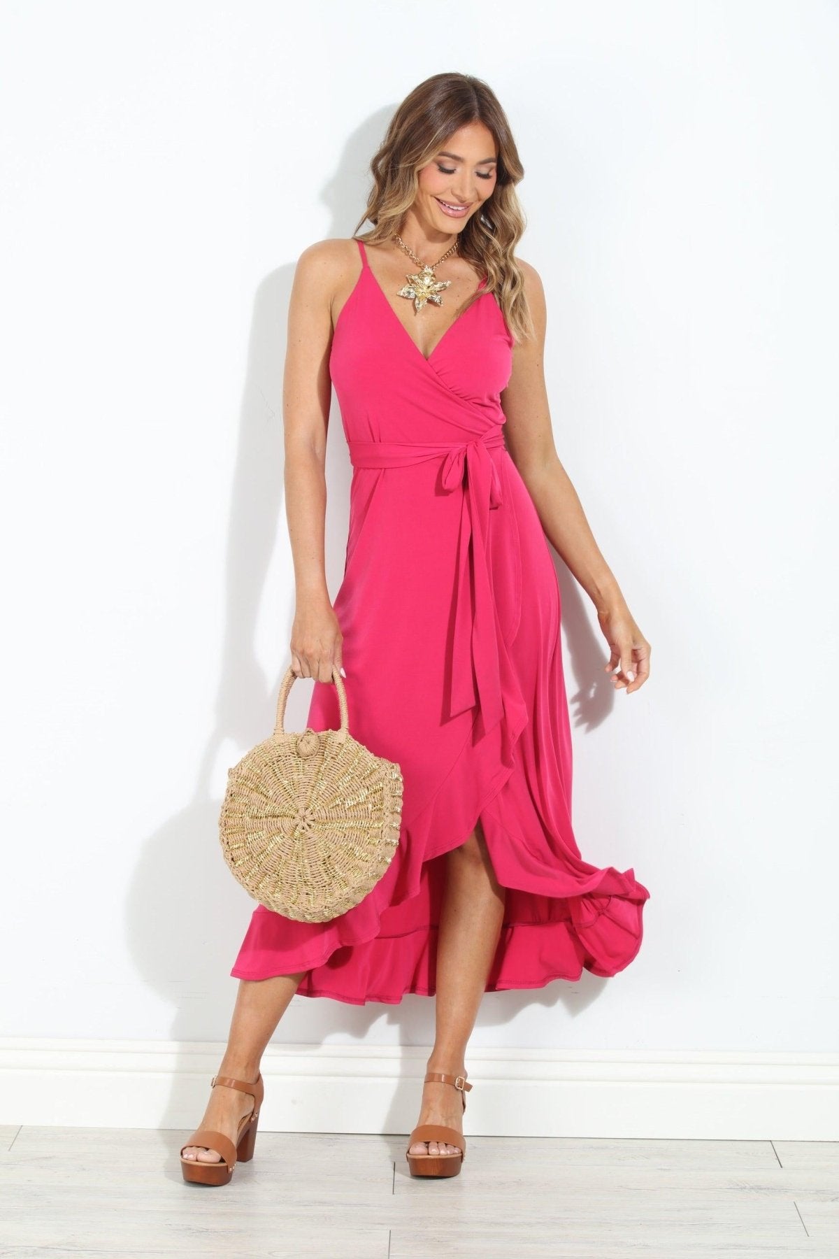 Guava Spaghetti Wrap Midi Dress-BEST SELLER