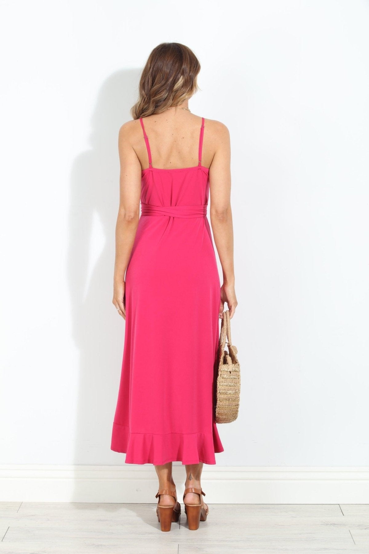 Guava Spaghetti Wrap Midi Dress-BEST SELLER