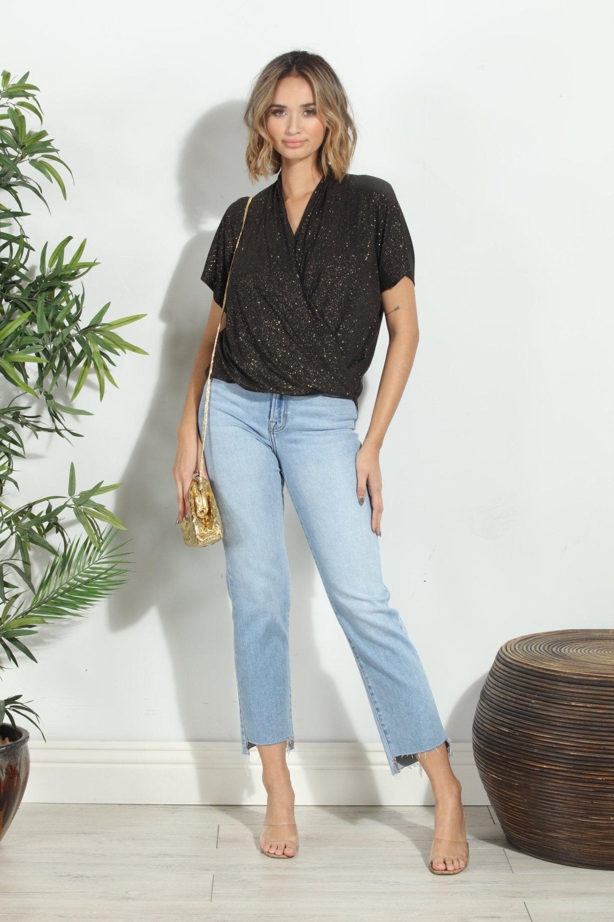 Black Gold Sparkle Surplice Top-FINAL SALE
