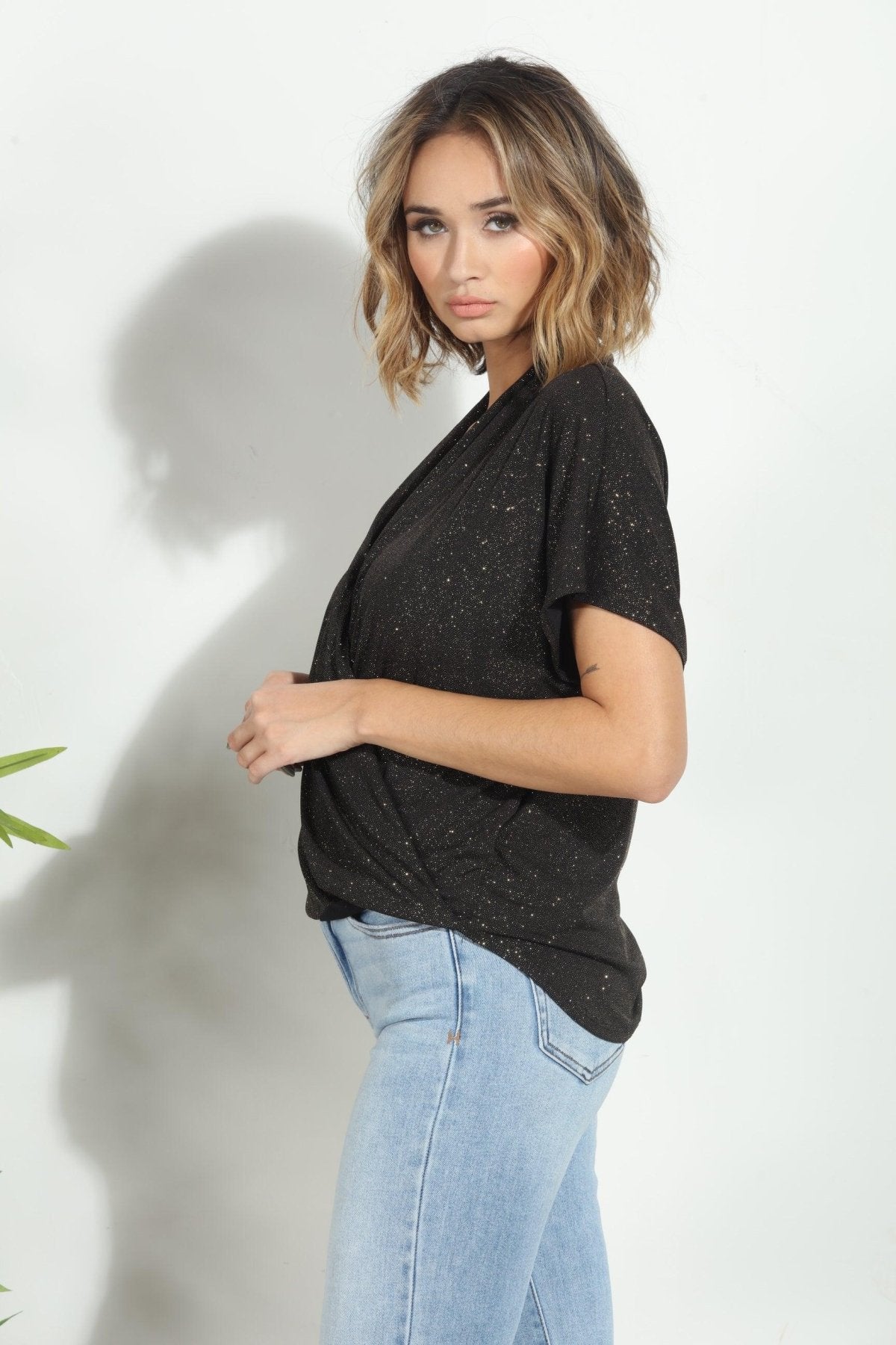 Black Gold Sparkle Surplice Top-FINAL SALE