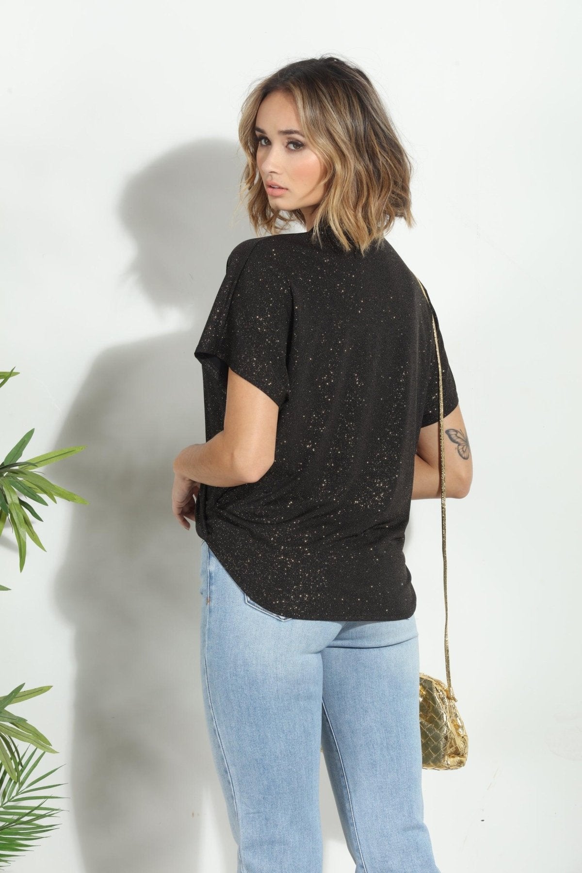 Black Gold Sparkle Surplice Top-FINAL SALE