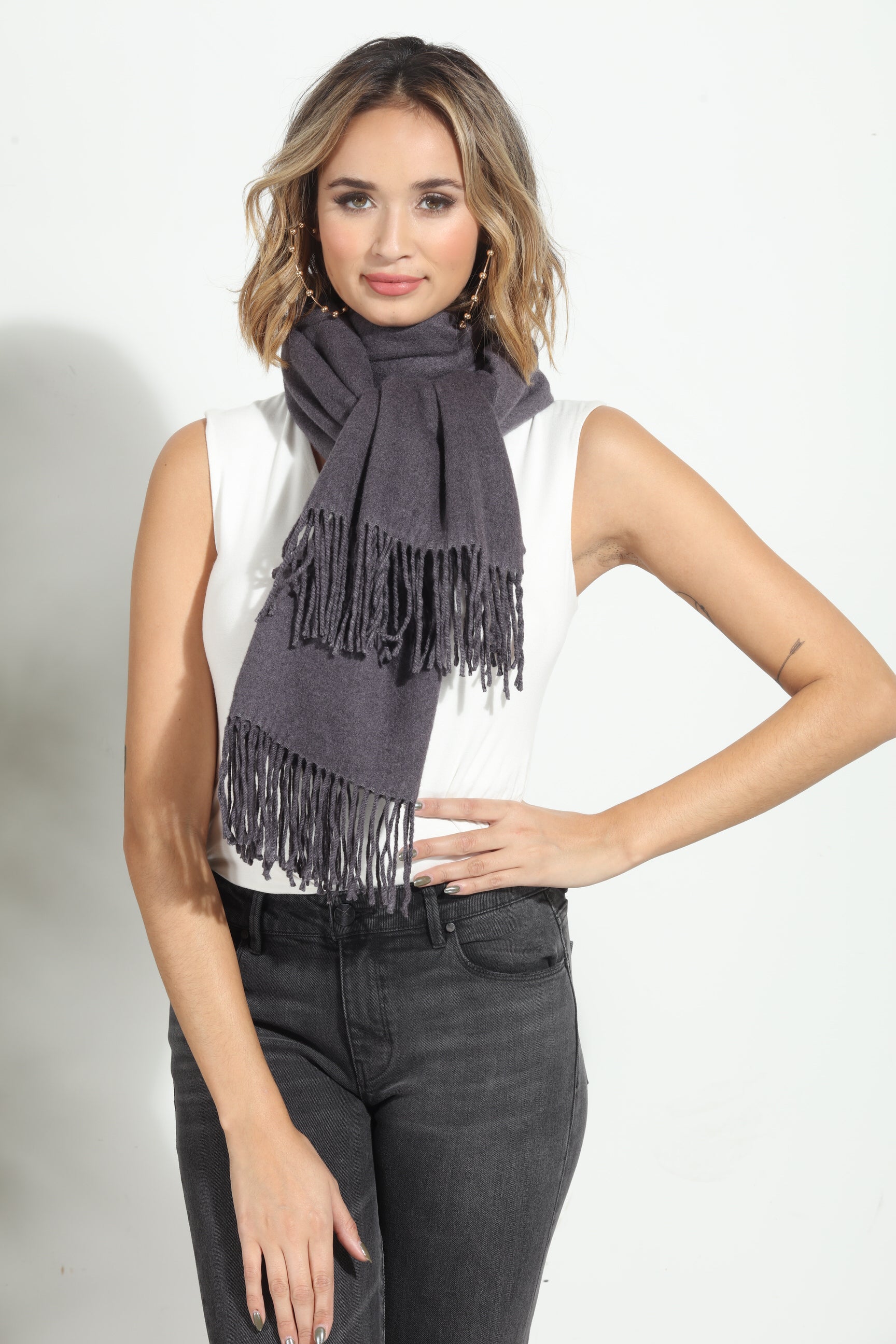 Dark Grey Cozy Tassel Scarf-FINAL SALE