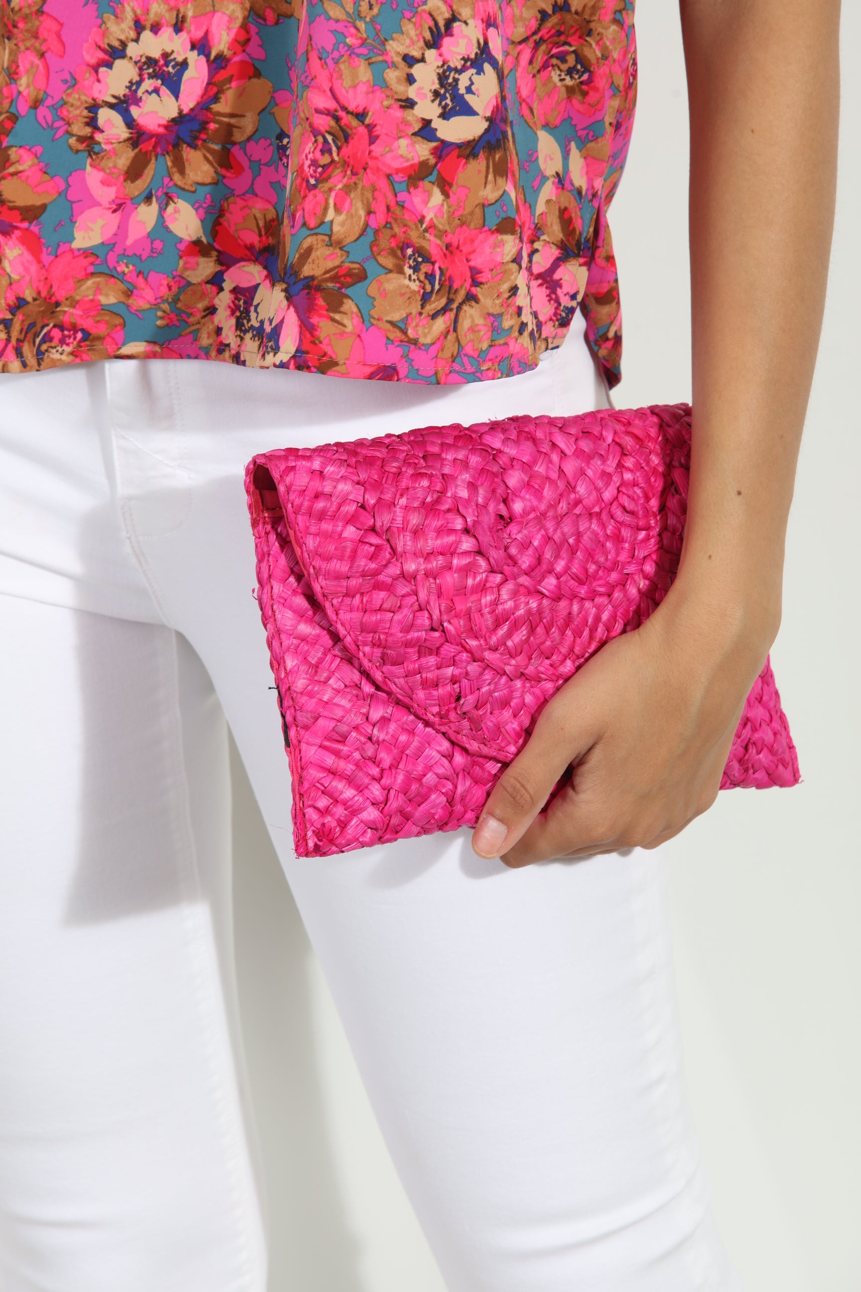 Hot Pink Raffia Clutch