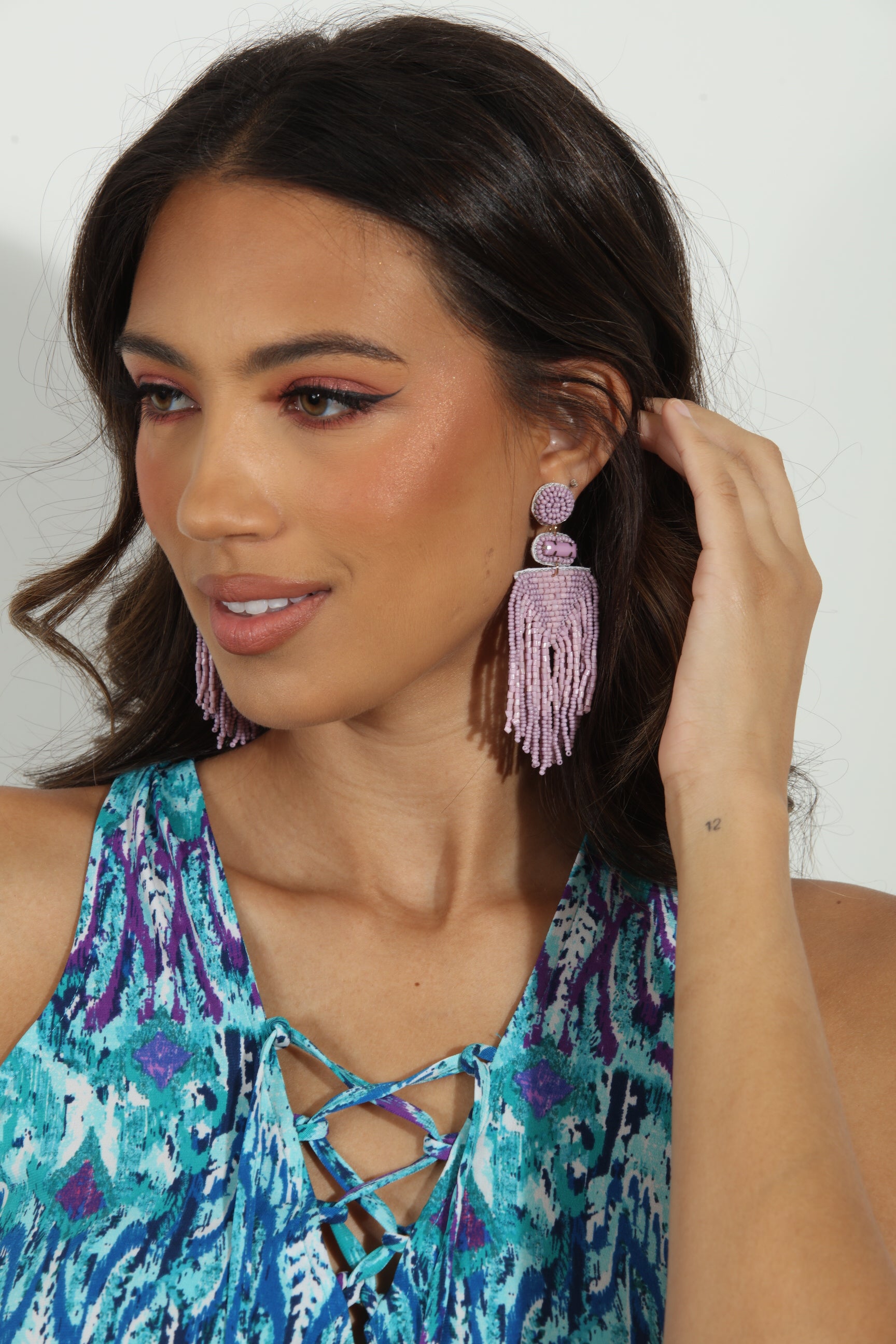 Lavender Beaded Tassel Earrings