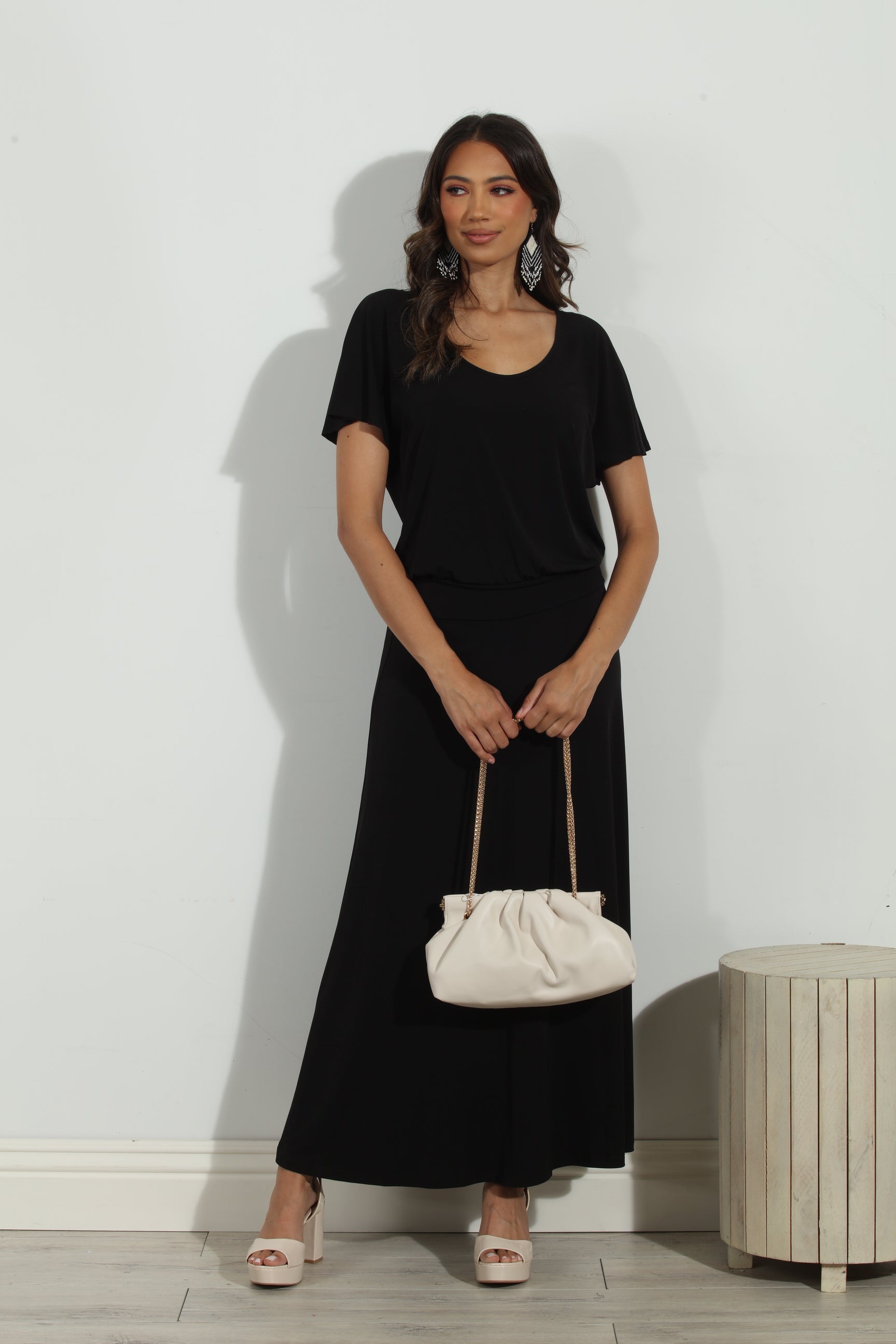 Black Short Sleeve Drop Waist Maxi Dress-FINAL SALE