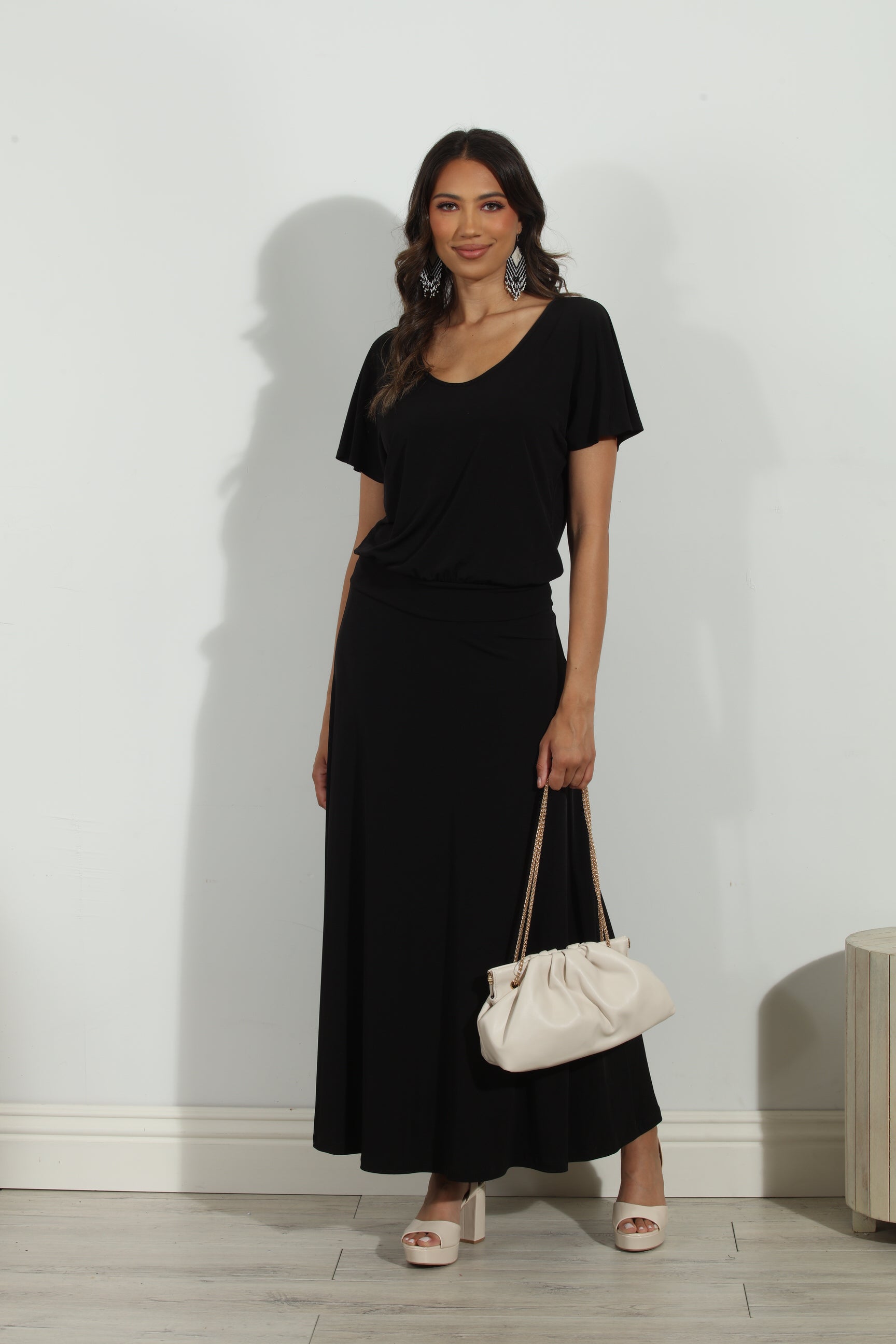 Black Short Sleeve Drop Waist Maxi Dress-FINAL SALE