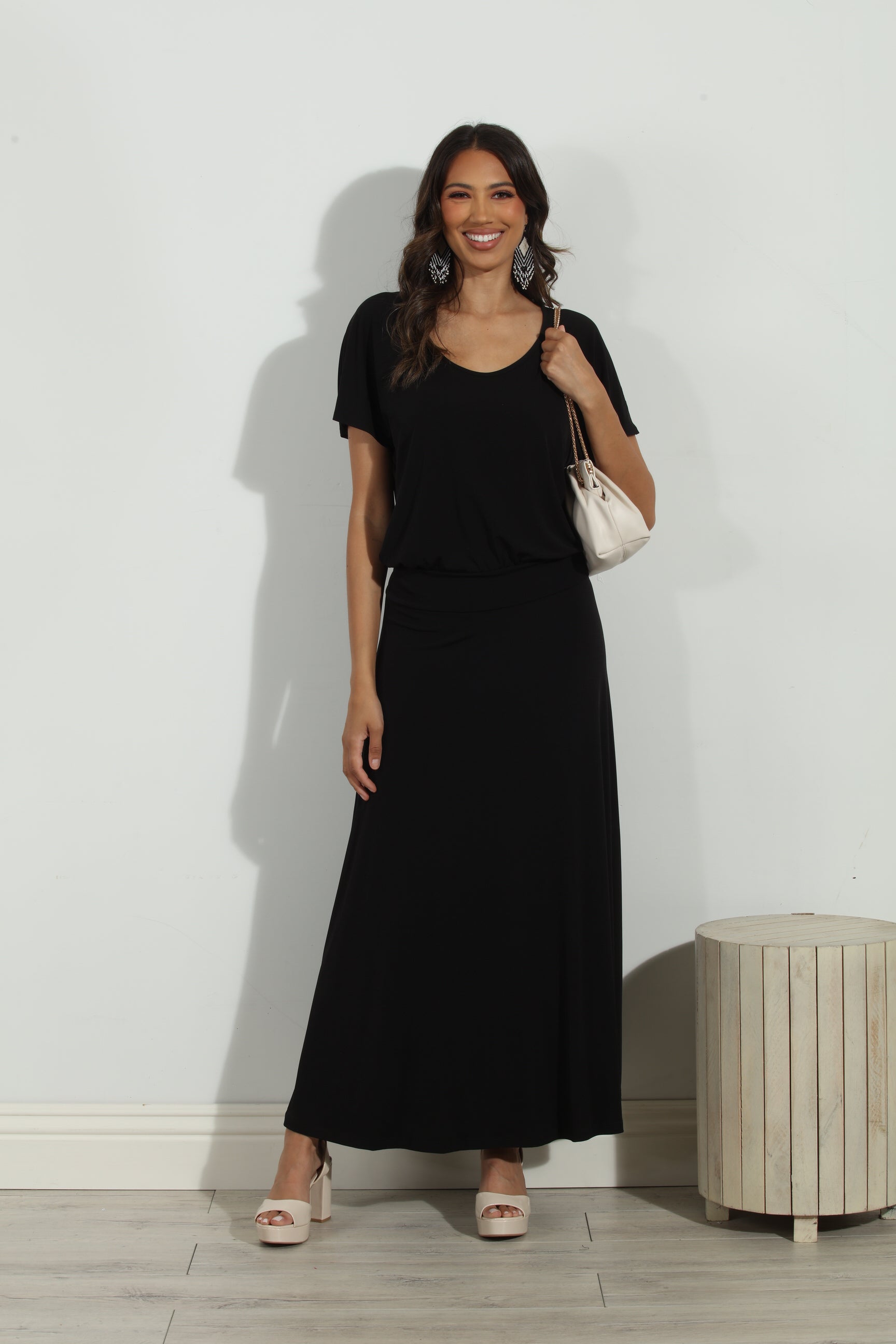 Black Short Sleeve Drop Waist Maxi Dress