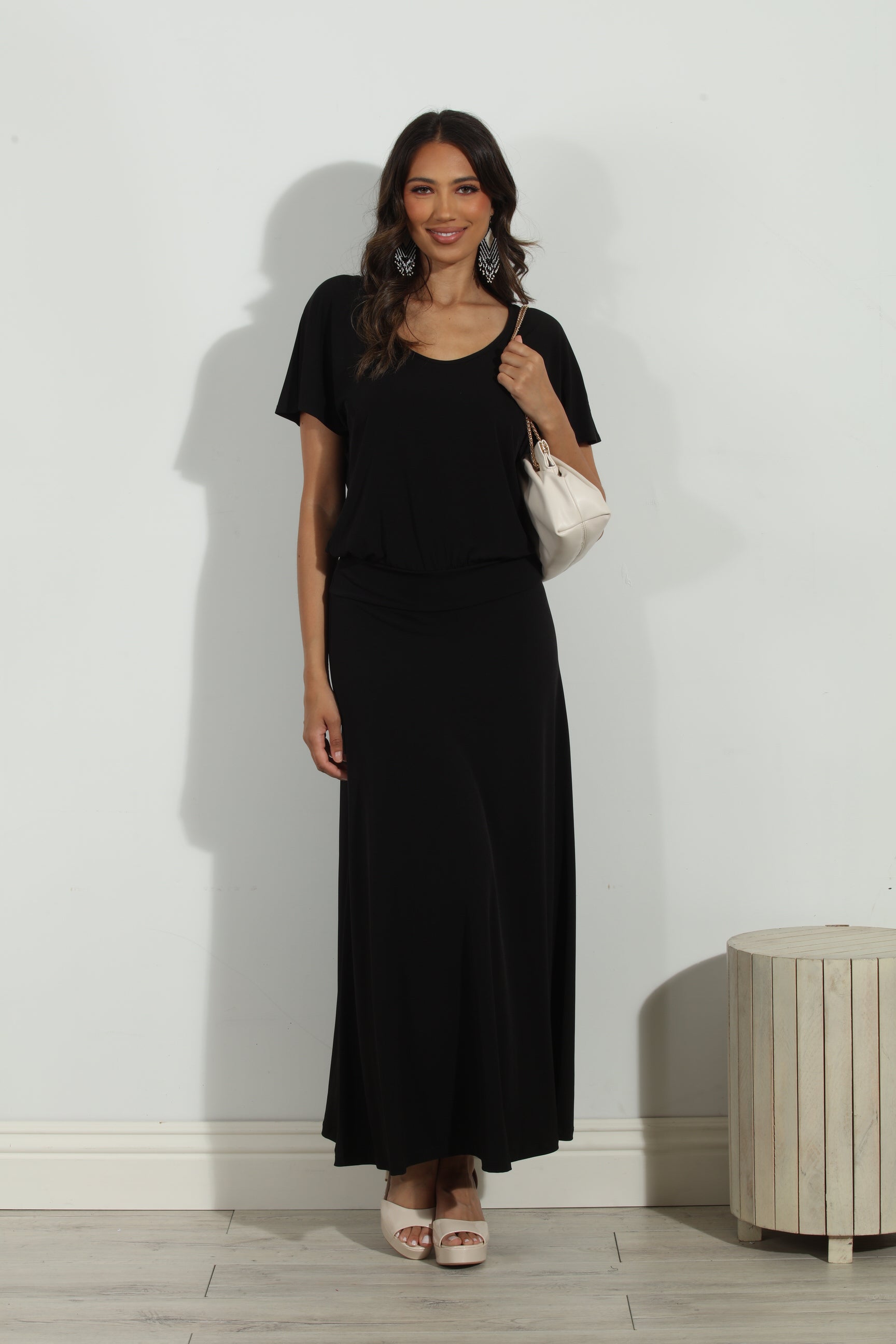 Black Short Sleeve Drop Waist Maxi Dress