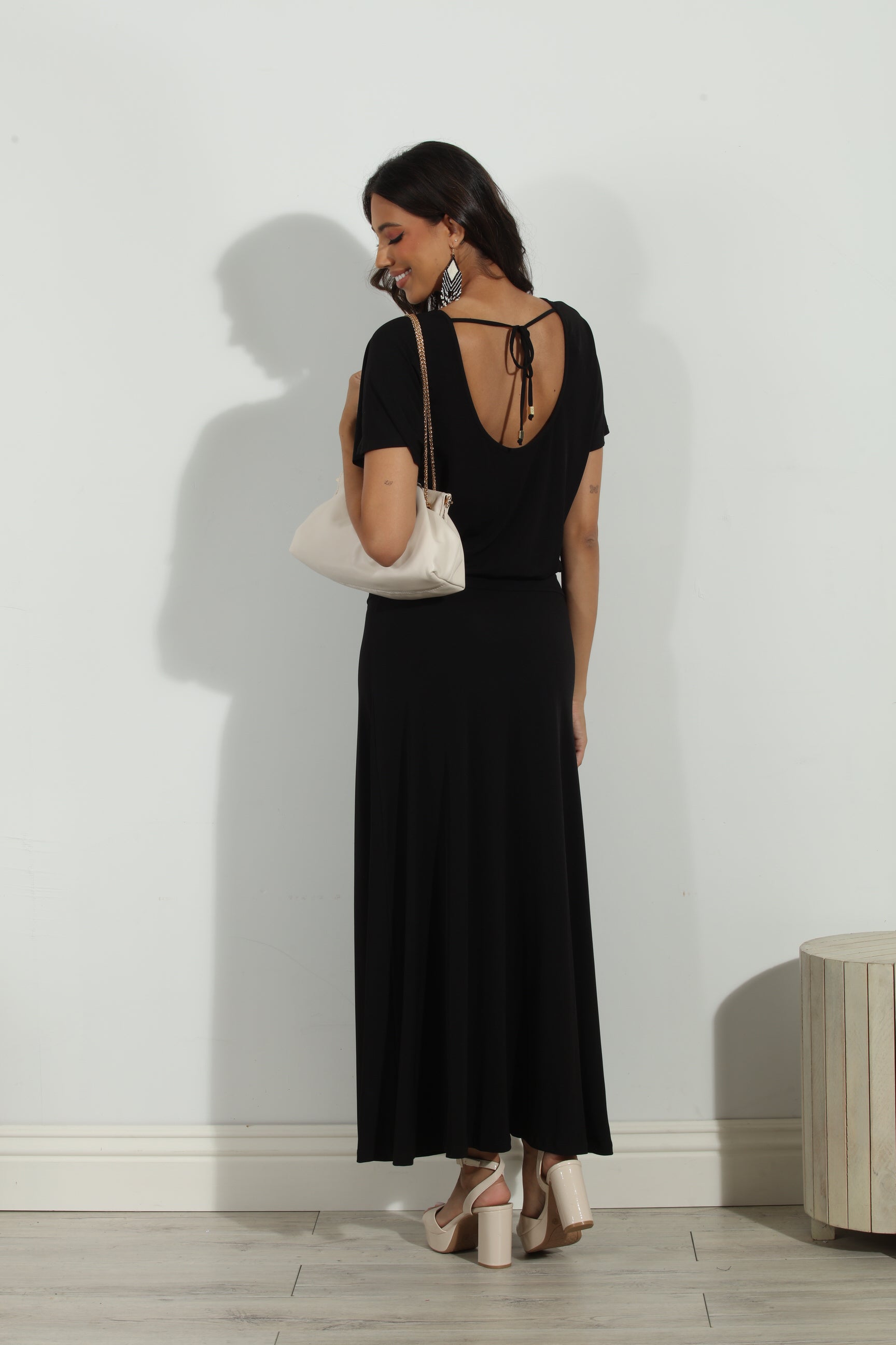 Black Short Sleeve Drop Waist Maxi Dress-FINAL SALE