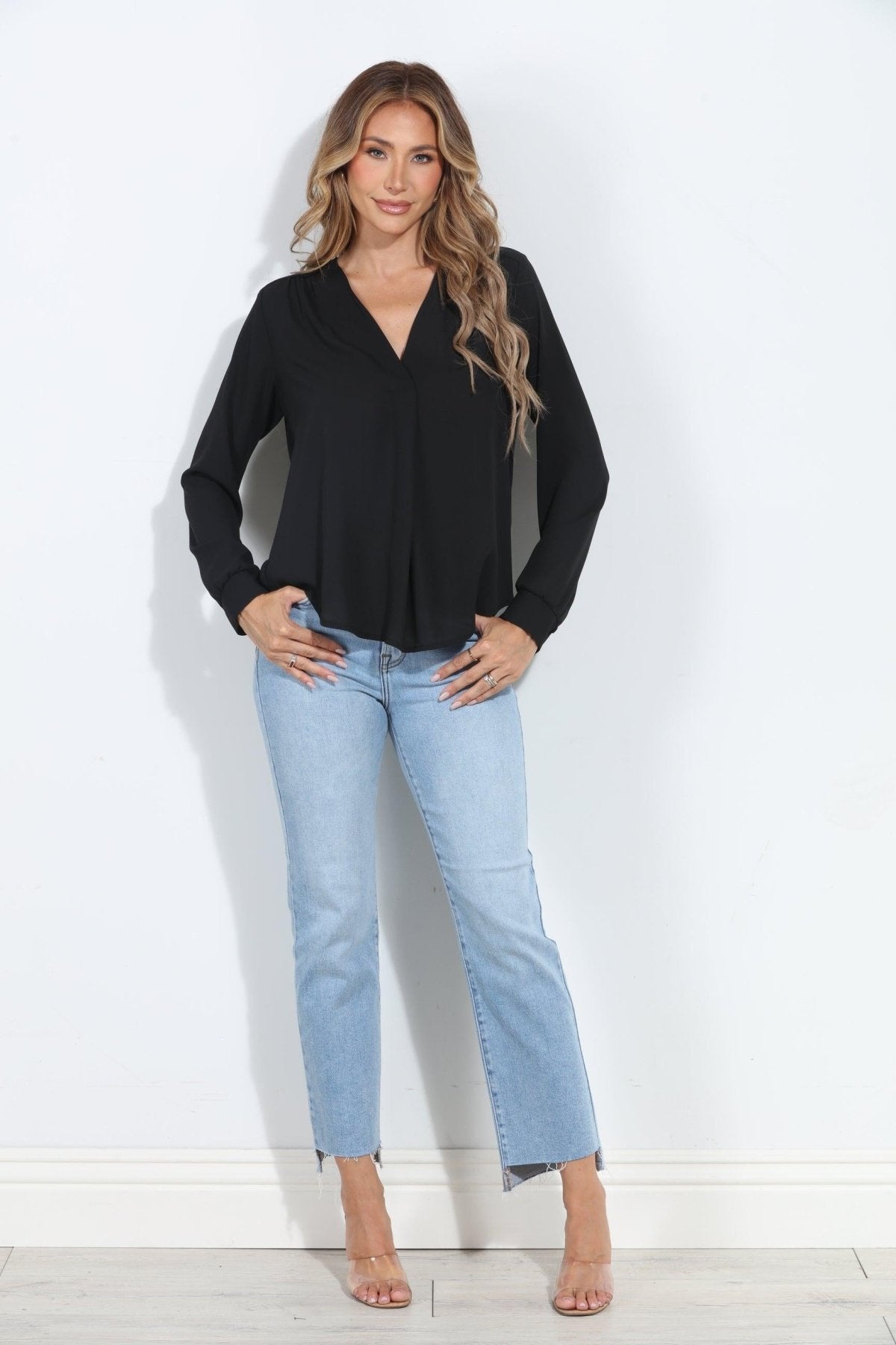 Onyx V-Neck Front Pleat Blouse-BEST SELLER