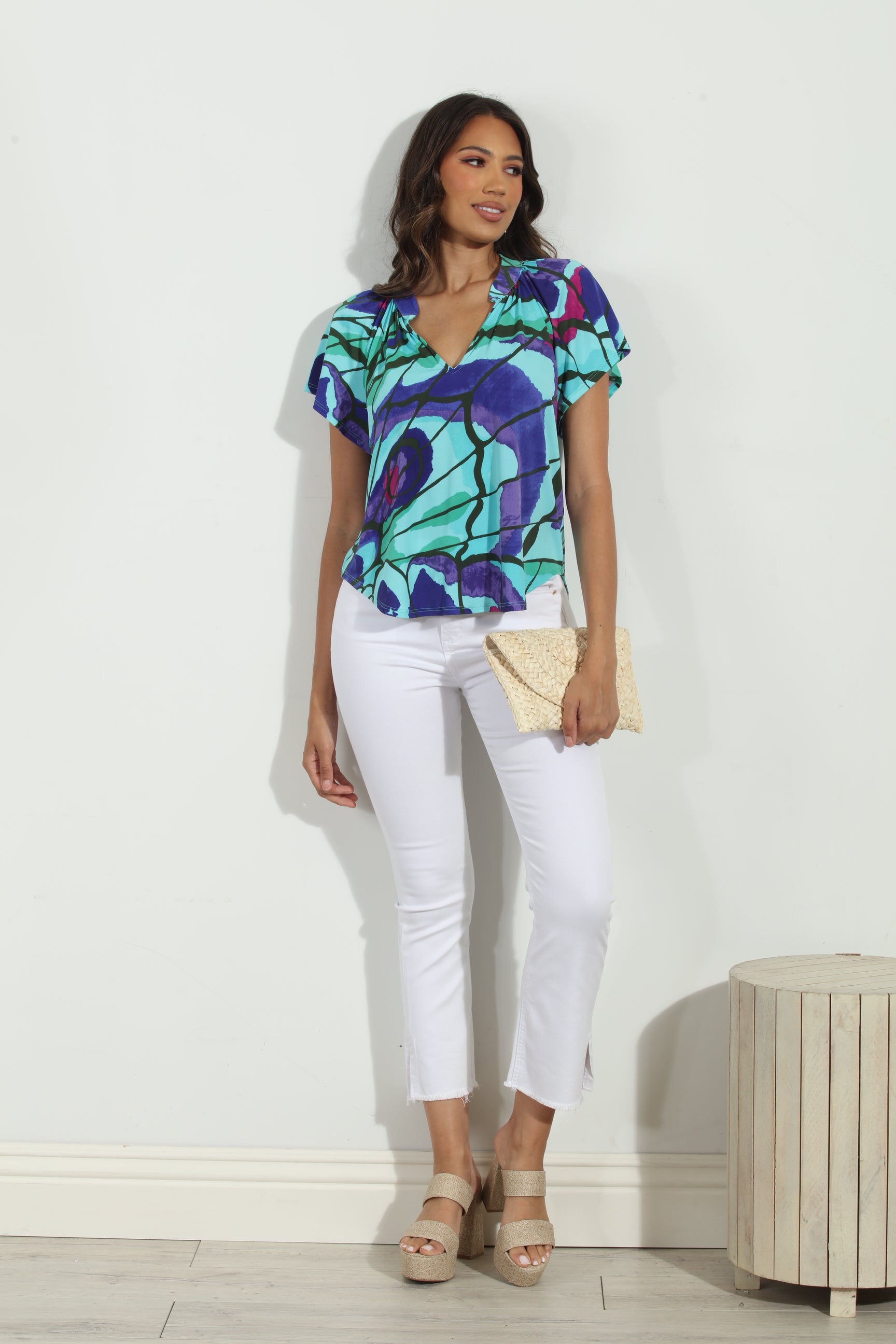 Lilah Short Sleeve Stretch Split Neck Top