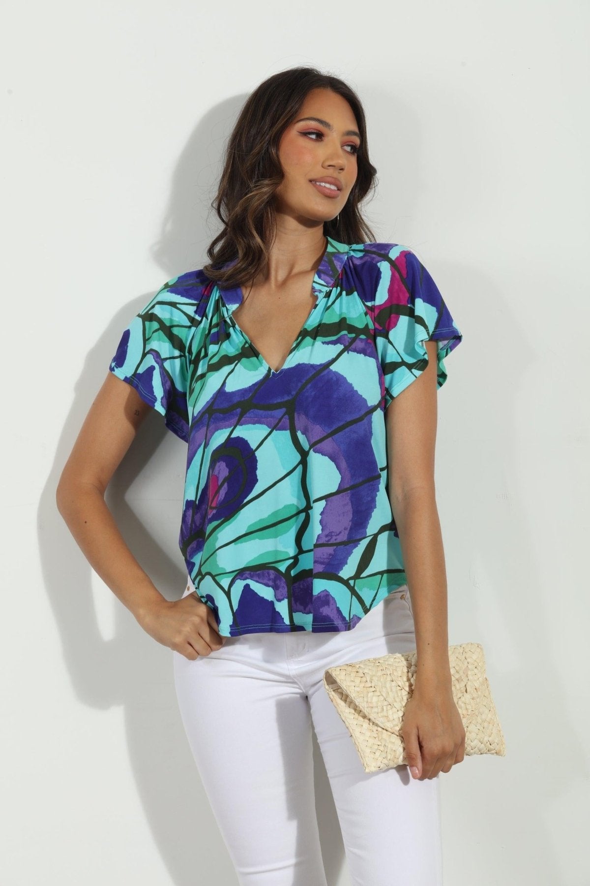 Lilah Short Sleeve Stretch Split Neck Top-FINAL SALE