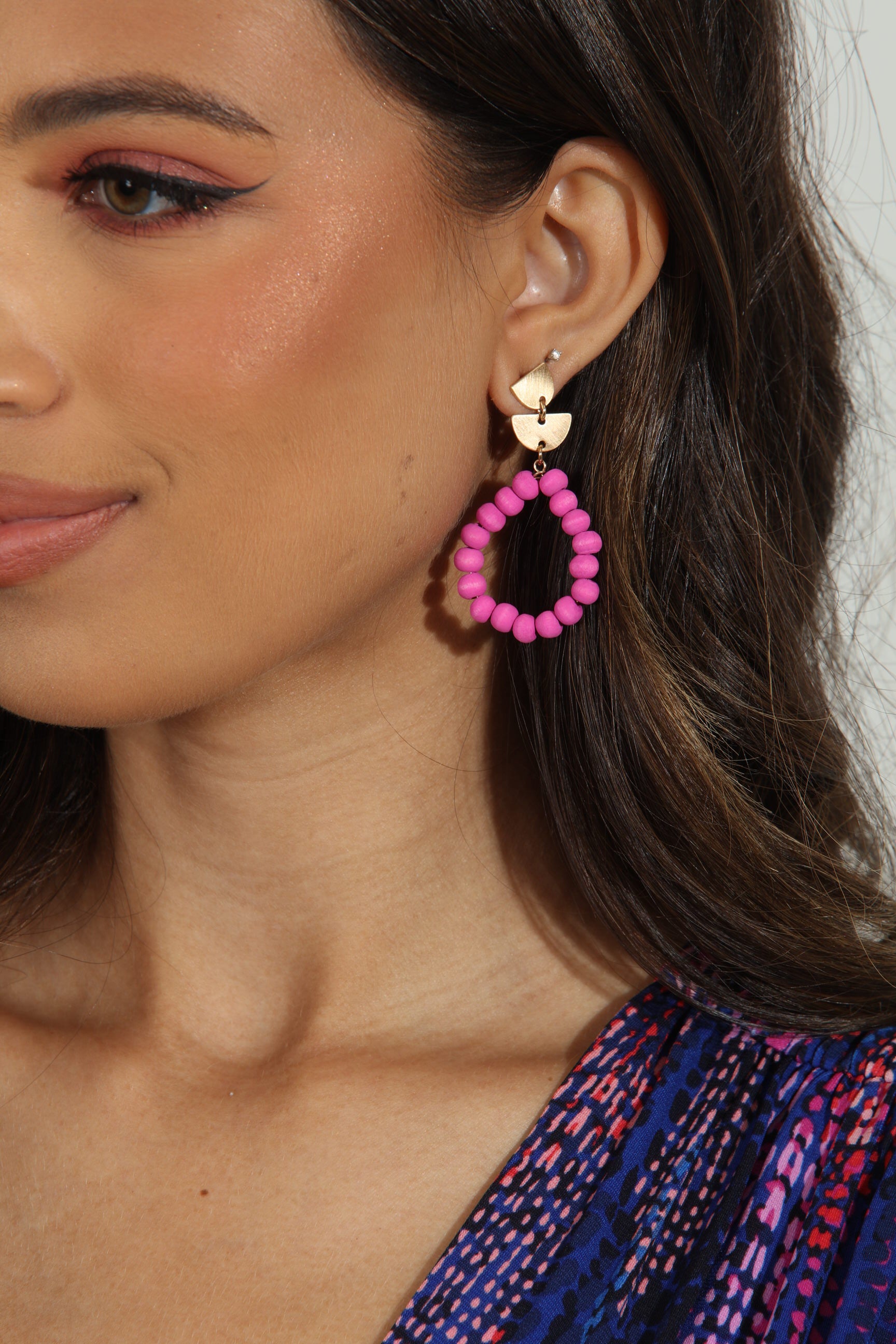 Geo Gold and Fuchsia Beaded Earrings