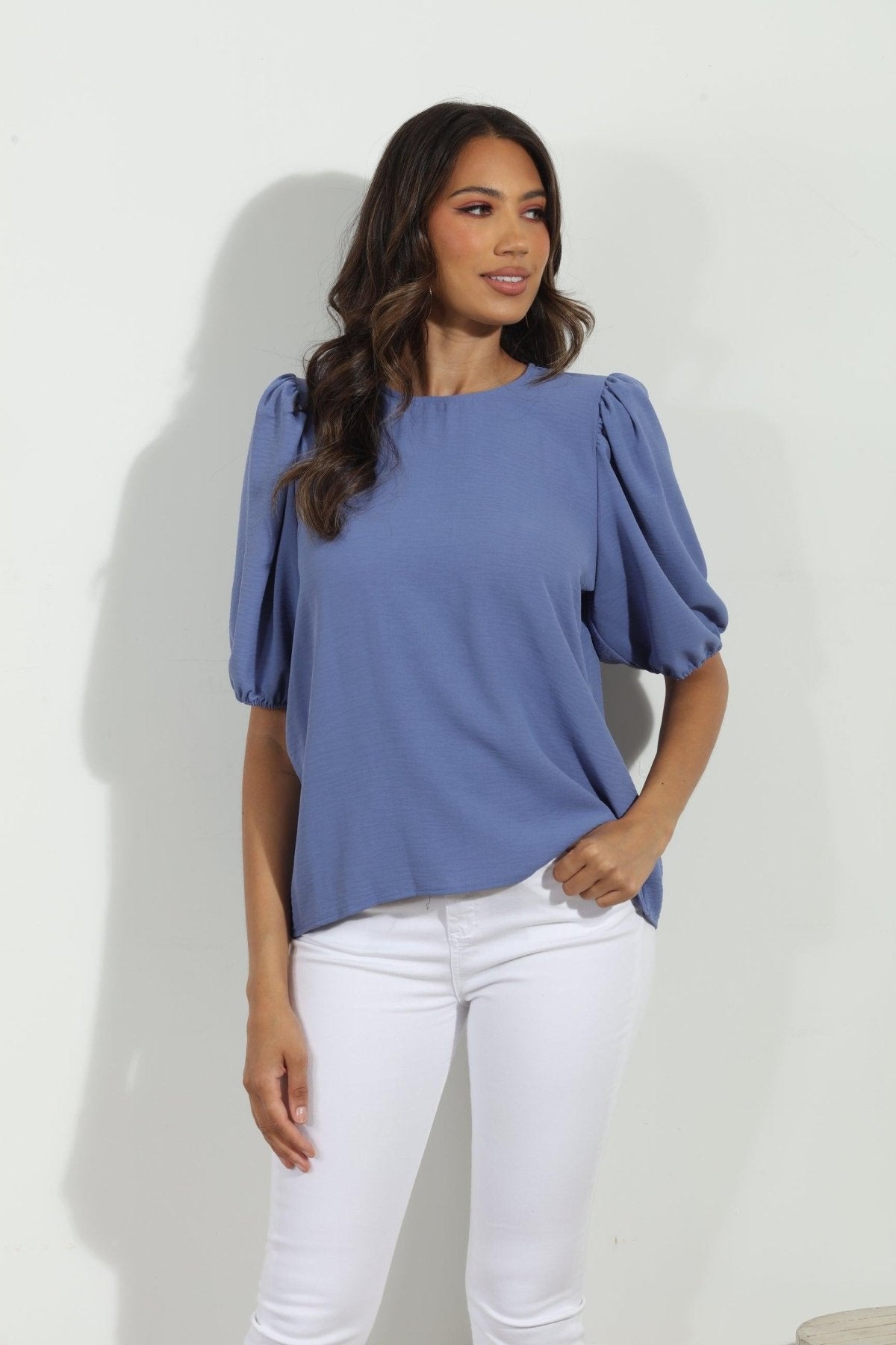 Denim Airflow Puff Sleeve Top-FINAL SALE