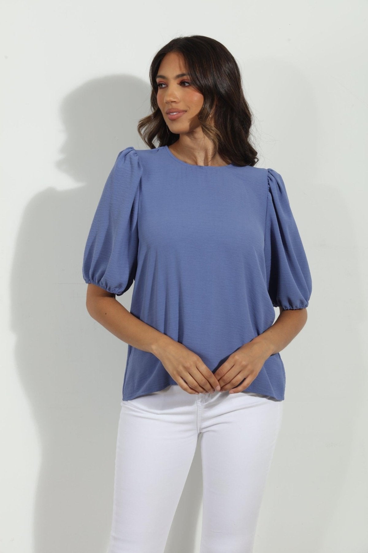 Denim Airflow Puff Sleeve Top-FINAL SALE