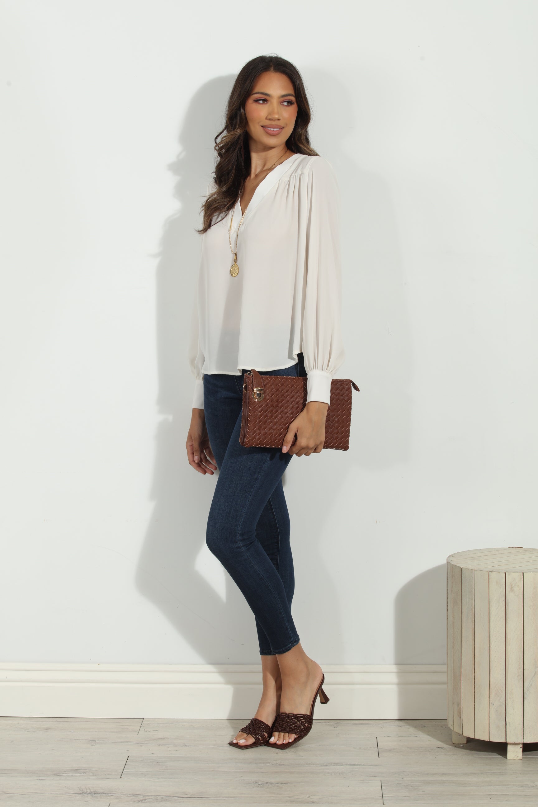 Buff V Neck Cuffed Blouse