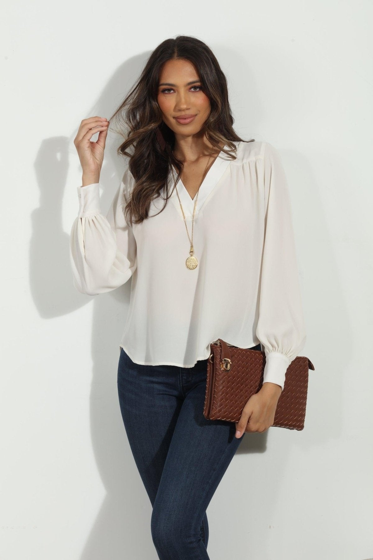Buff V Neck Puffed Sleeve Blouse-BEST SELLER