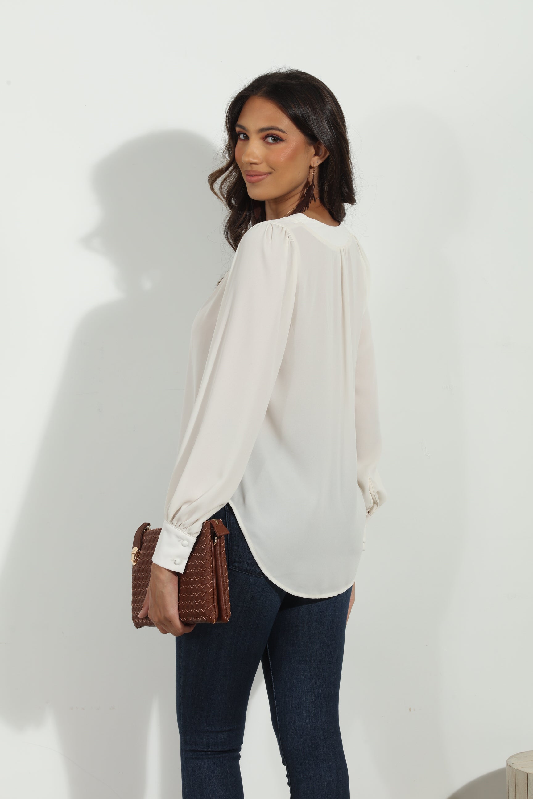 Buff V Neck Cuffed Blouse