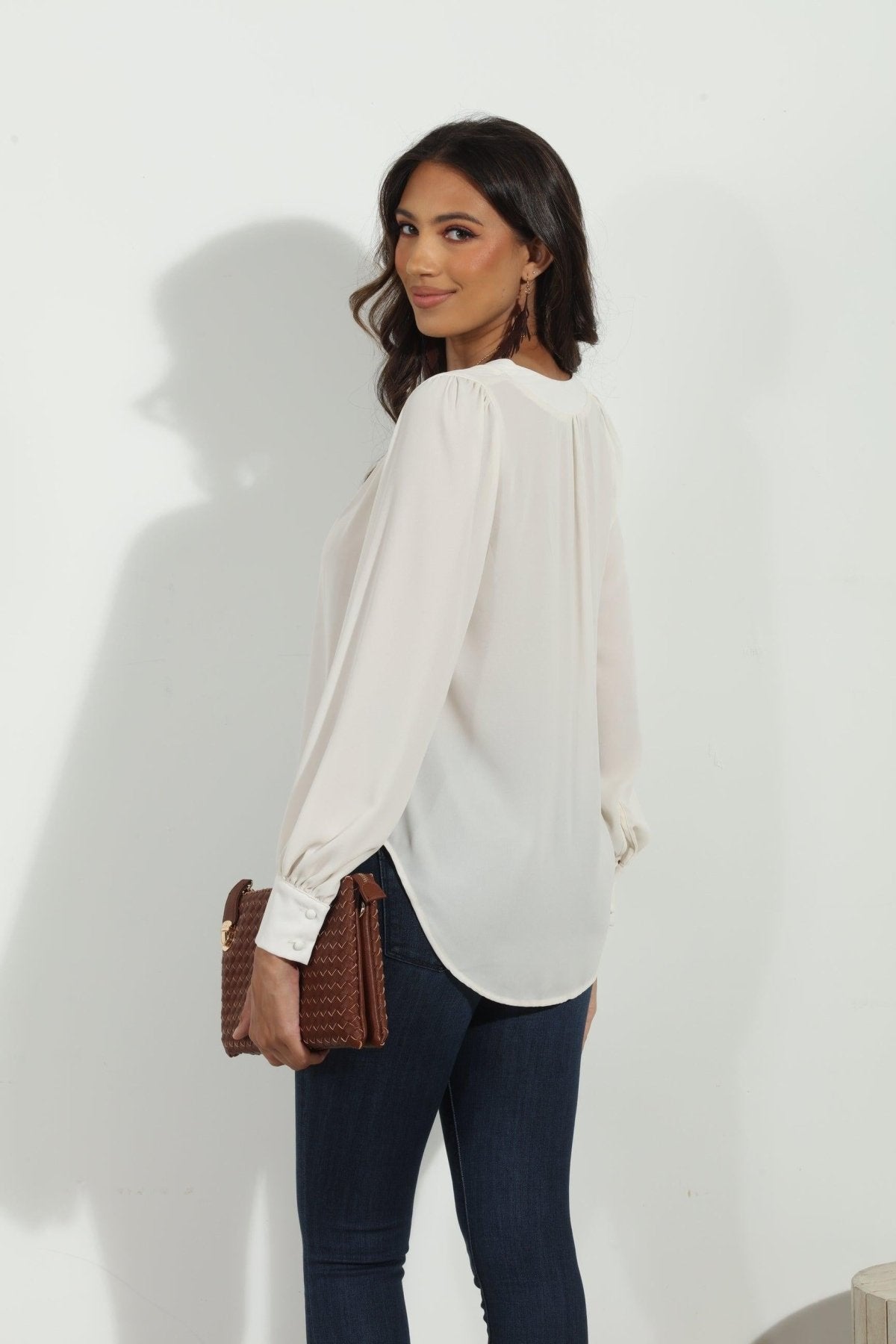 Buff V Neck Puffed Sleeve Blouse-BEST SELLER