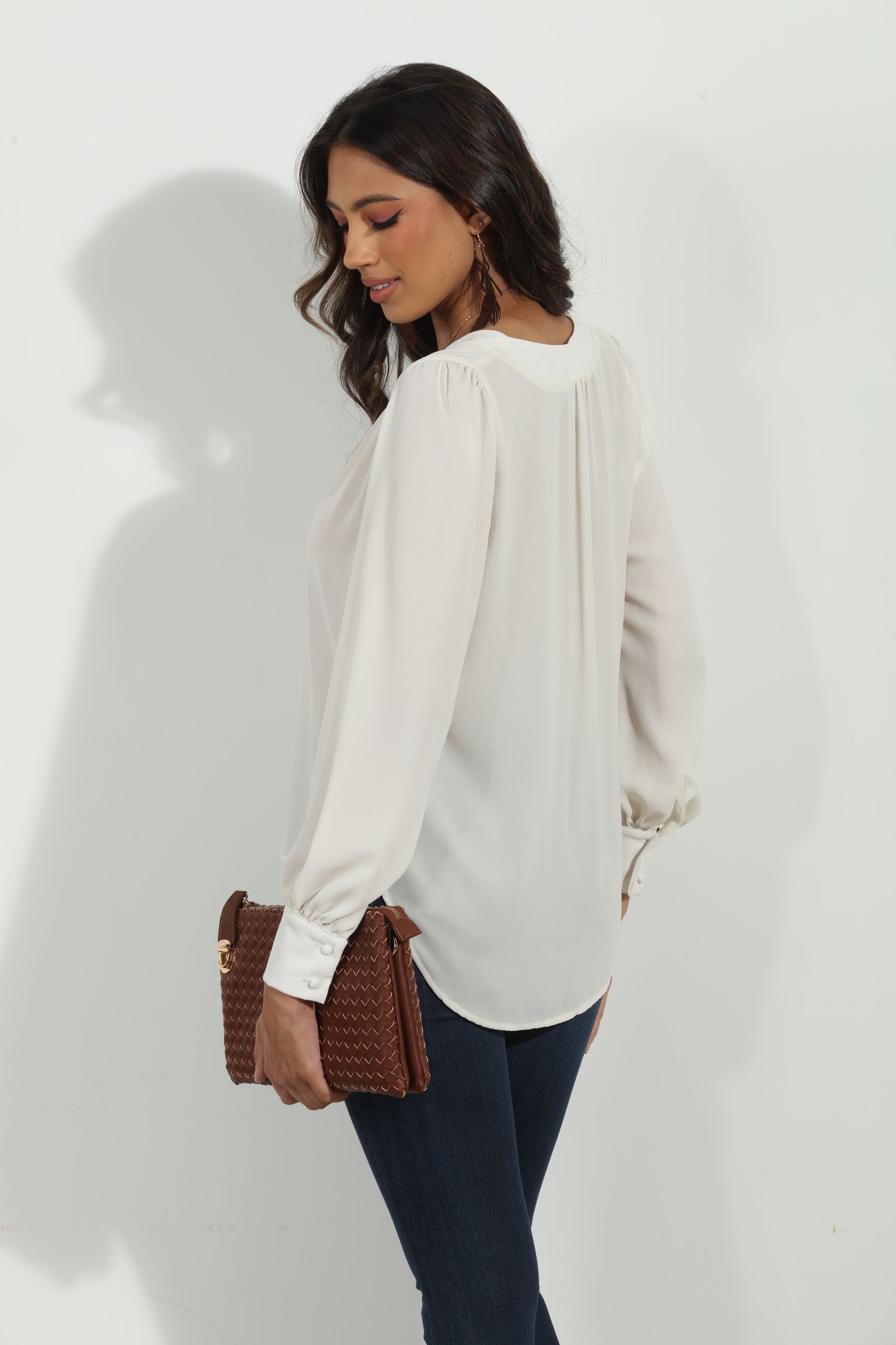 Buff V Neck Cuffed Blouse