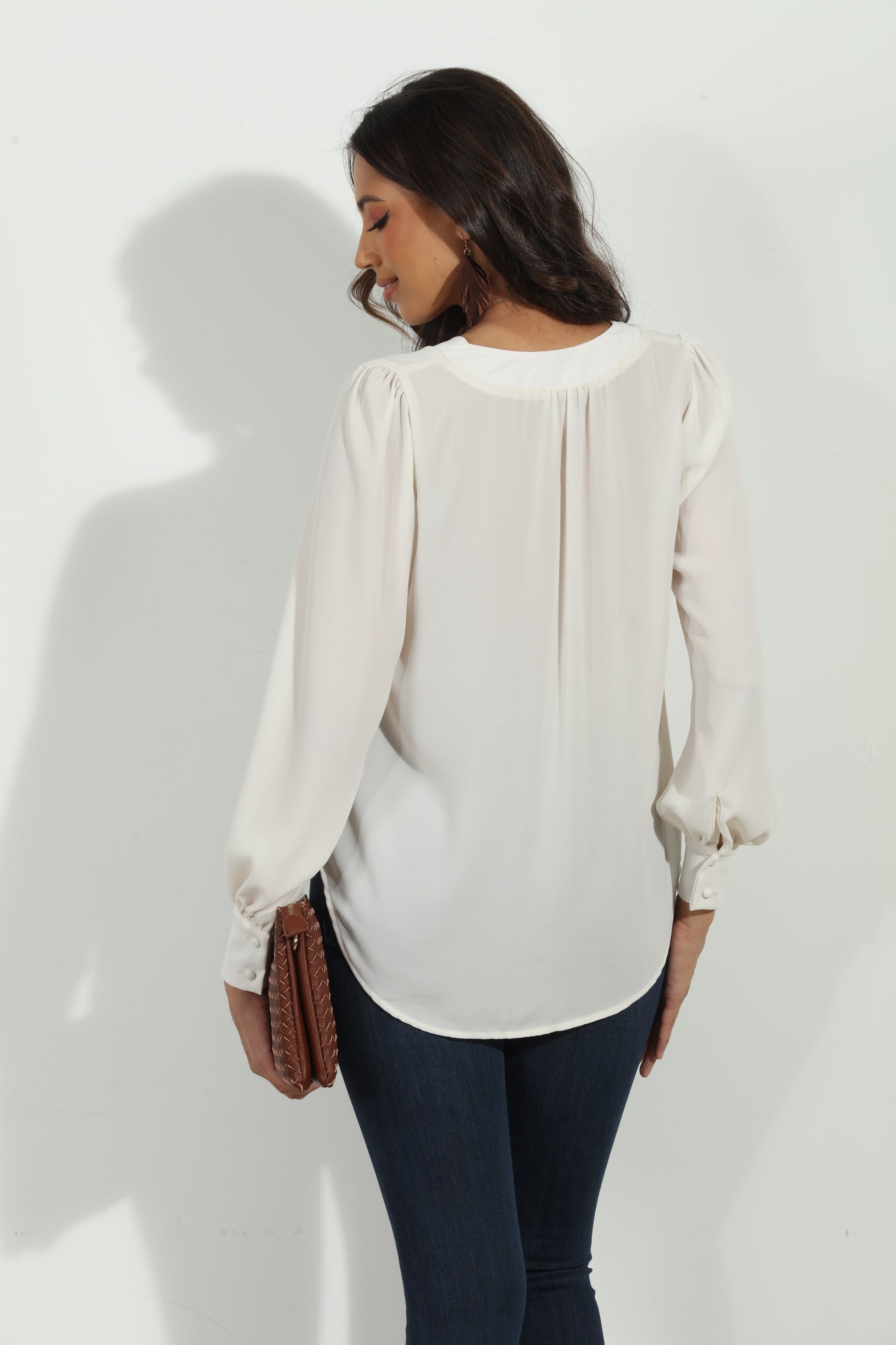 Buff V Neck Cuffed Blouse