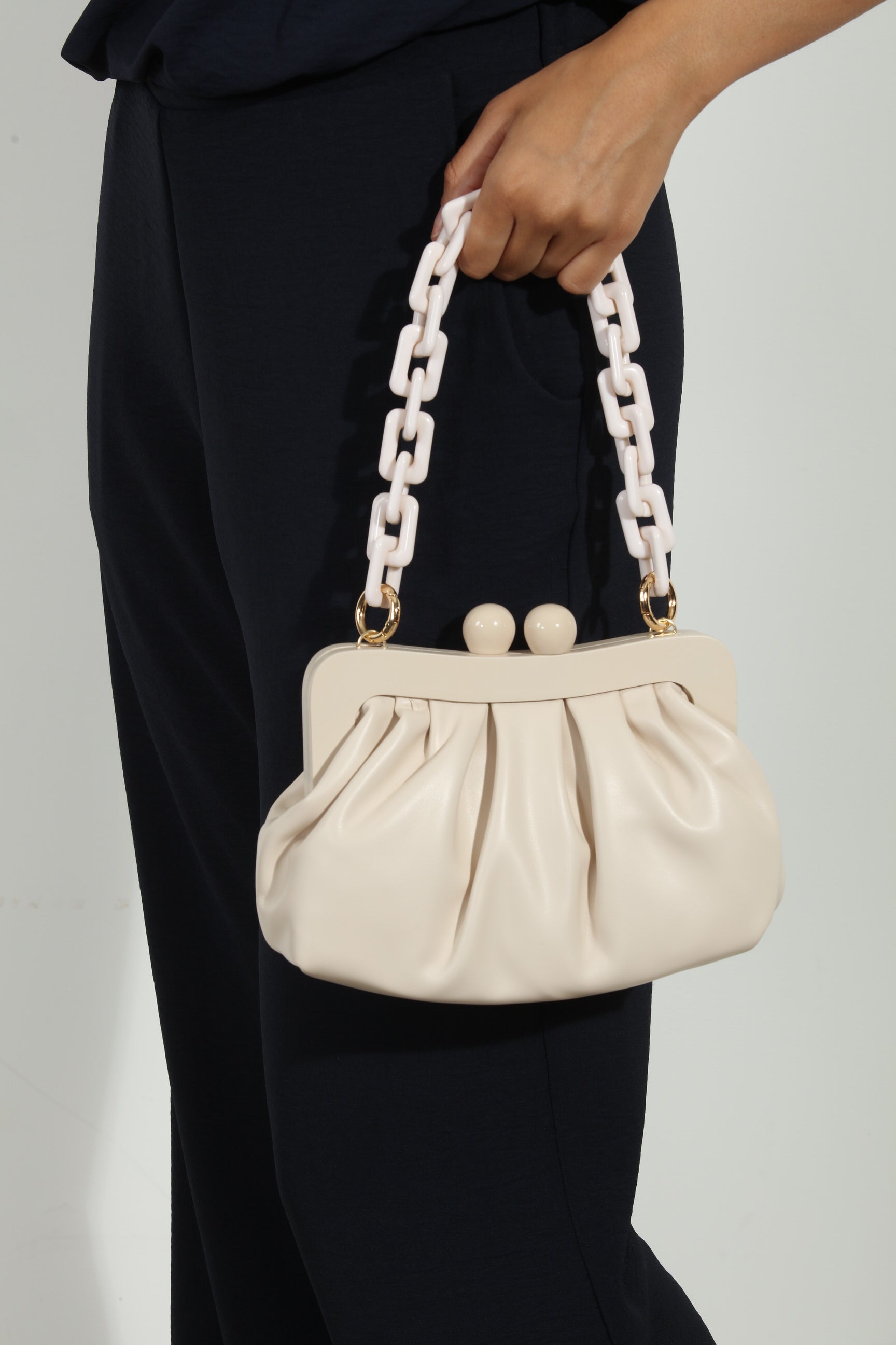 Ivory Faux Leather Pouch Purse with Chunky Chain Handle