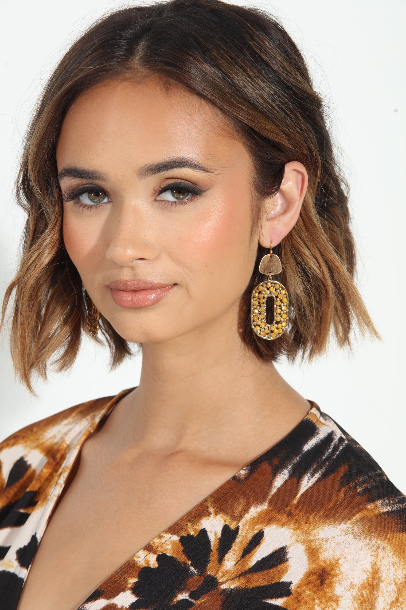 Yellow and Gold Beaded Oval Earrings