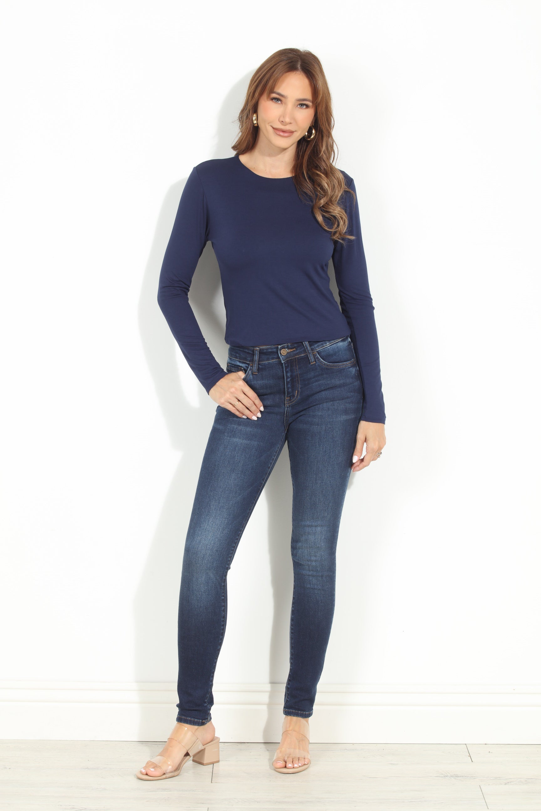 Navy Lined Crew Neck Top