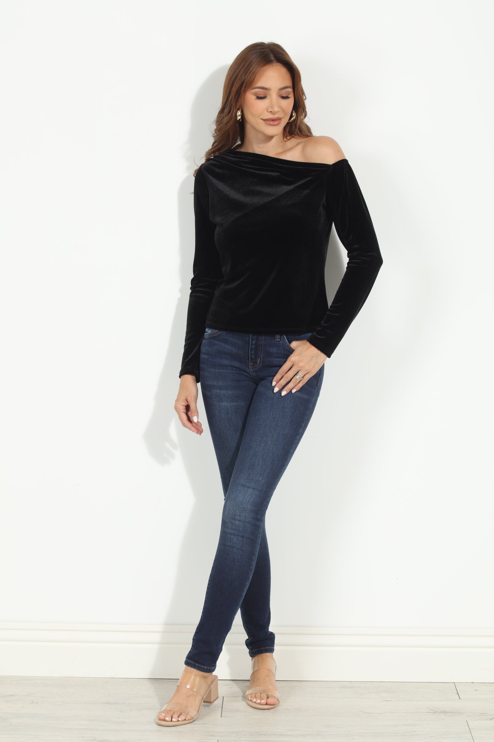 Black Velvet Asymmetrical Long Sleeve Top-BEST SELLER