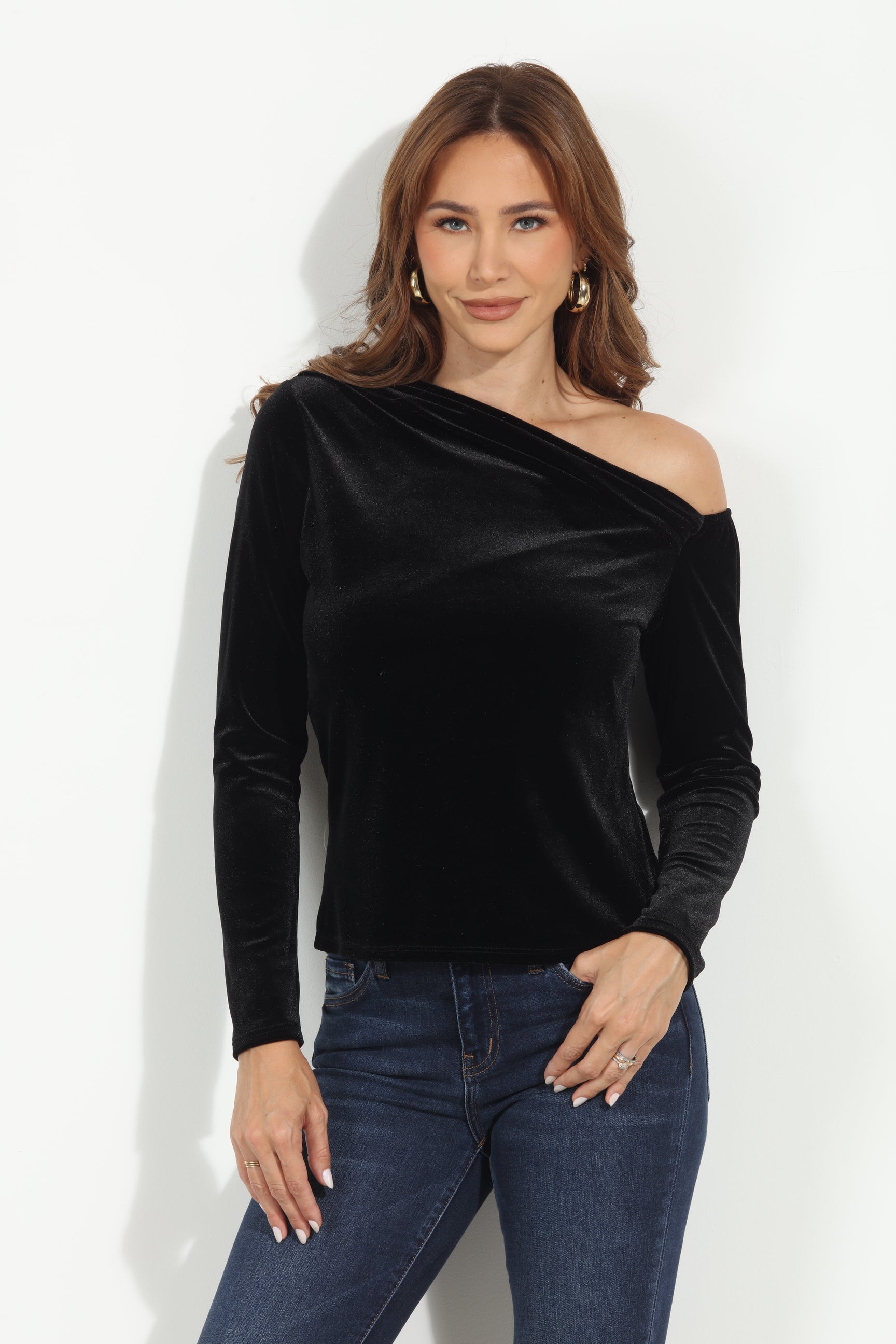 Black Velvet Asymmetrical Long Sleeve Top-BEST SELLER